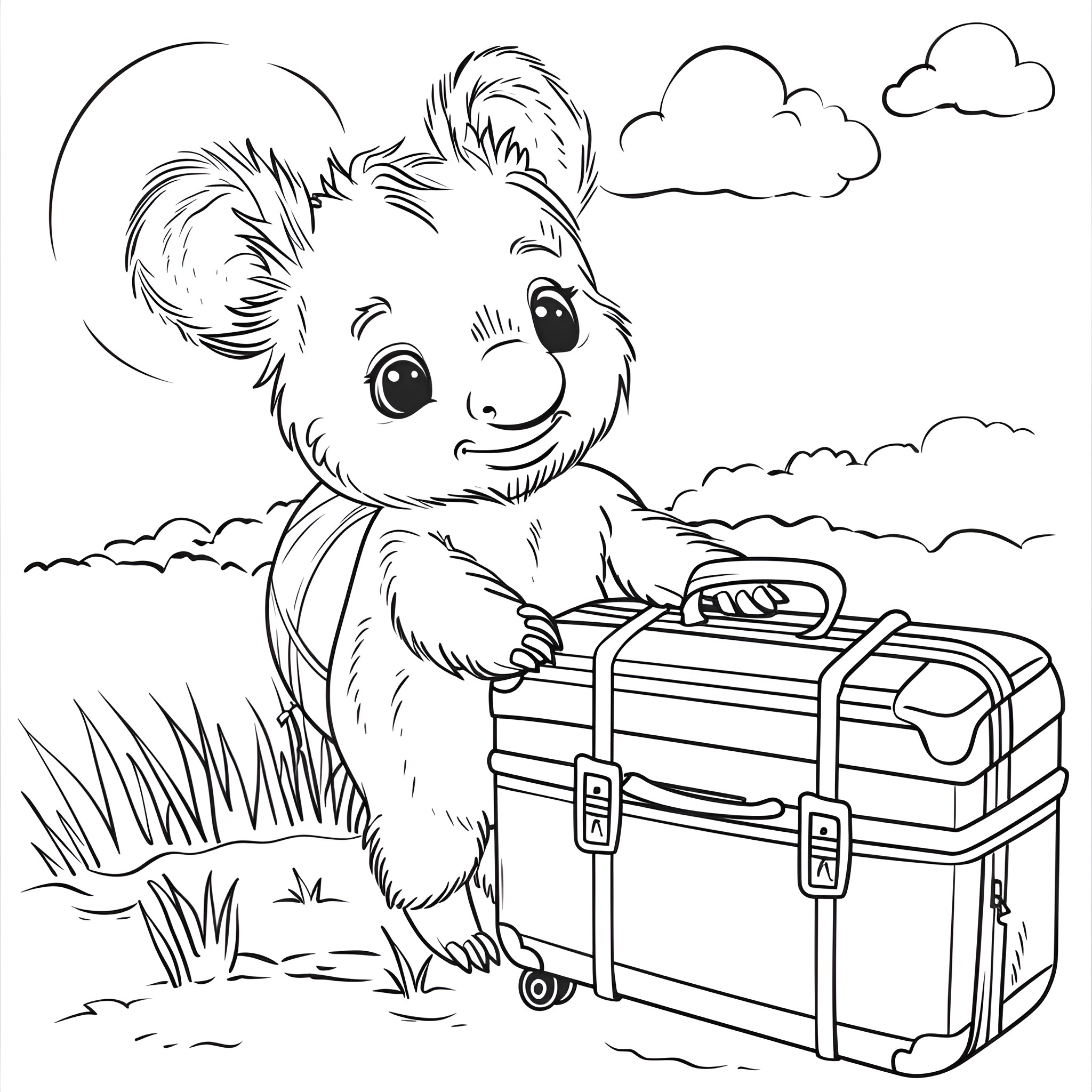 Animal with Suitcase in Outdoor Scene Coloring Page (free black-and-white line drawing printable PDF for all, from beginners to advanced learners, including children, teens, adults, and seniors)