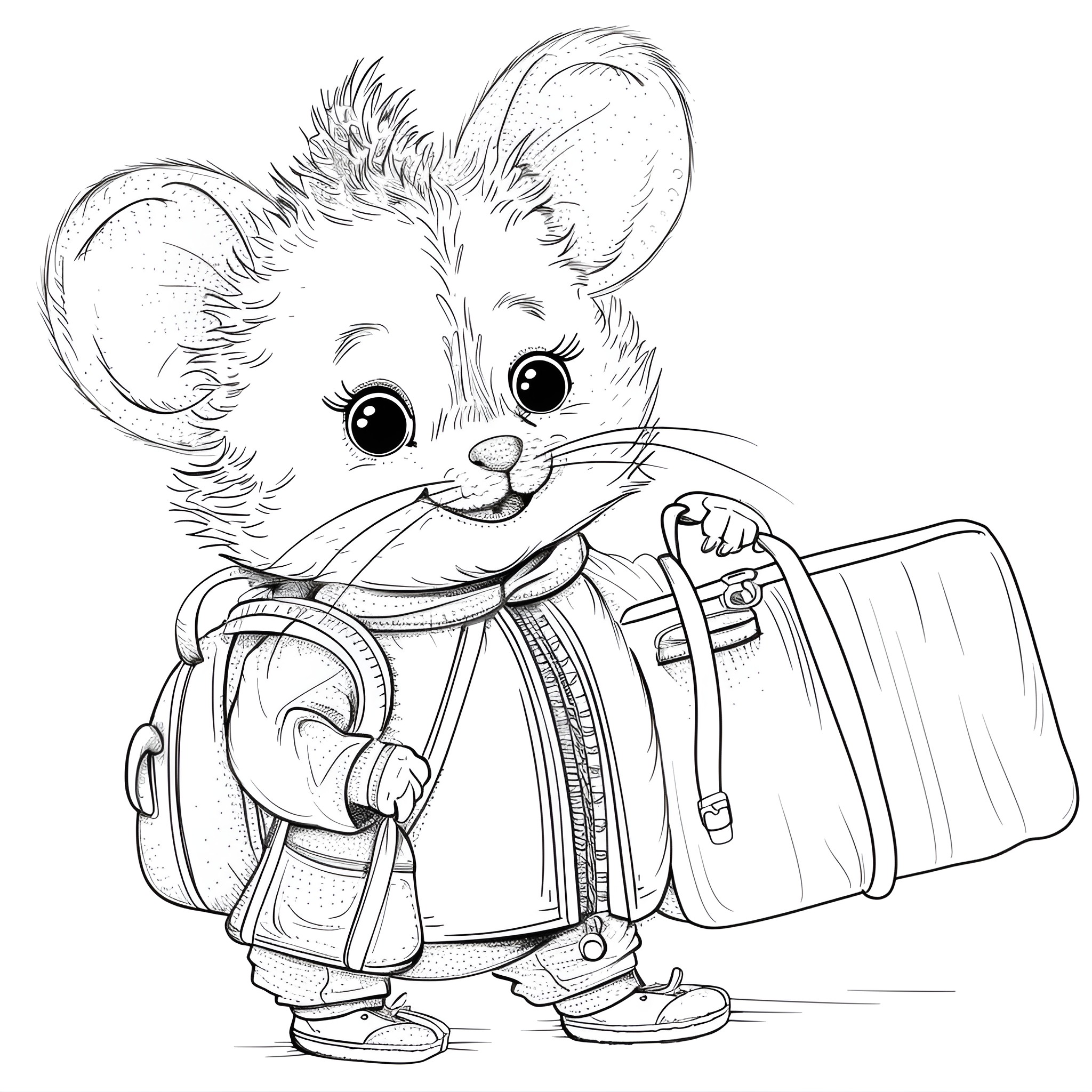 Animal Carrying Backpack Excitedly Coloring Page (free black-and-white line drawing printable PDF for all, from beginners to advanced learners, including children, teens, adults, and seniors)