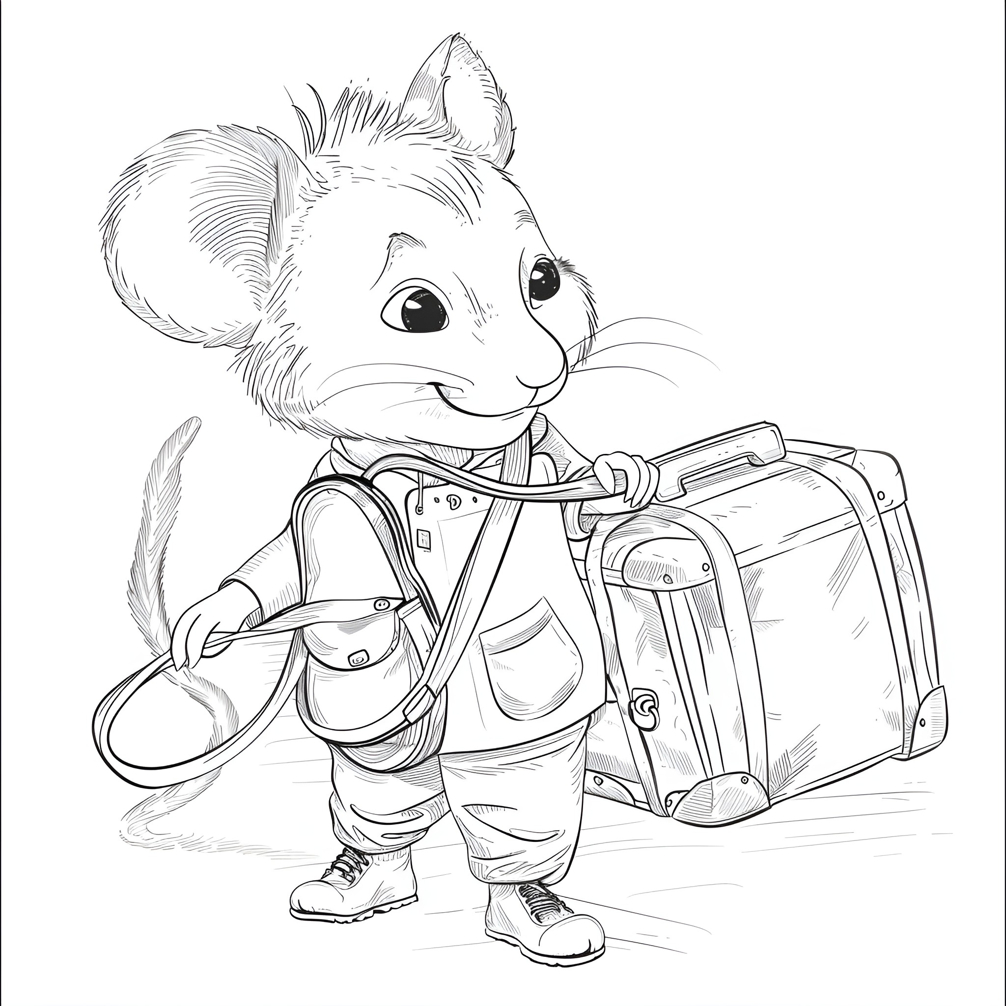 Animal with luggage going on an adventure Coloring Page (free black-and-white line drawing printable PDF for all, from beginners to advanced learners, including children, teens, adults, and seniors)