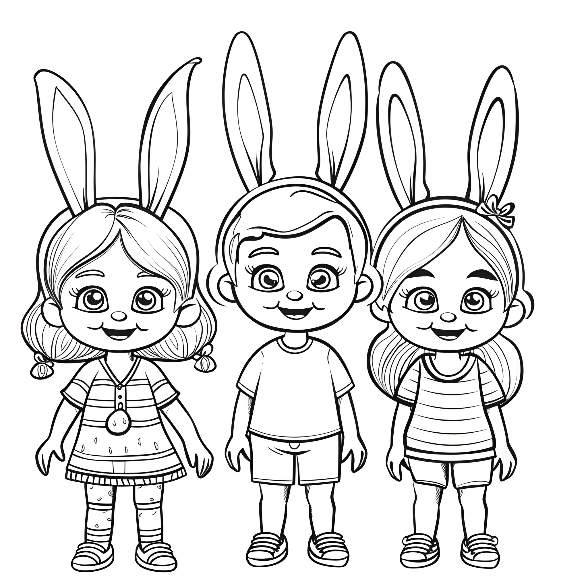 Easter Children Dressed as Bunnies Coloring Page (free black-and-white line drawing printable PDF for all, from beginners to advanced learners, including children, teens, adults, and seniors)