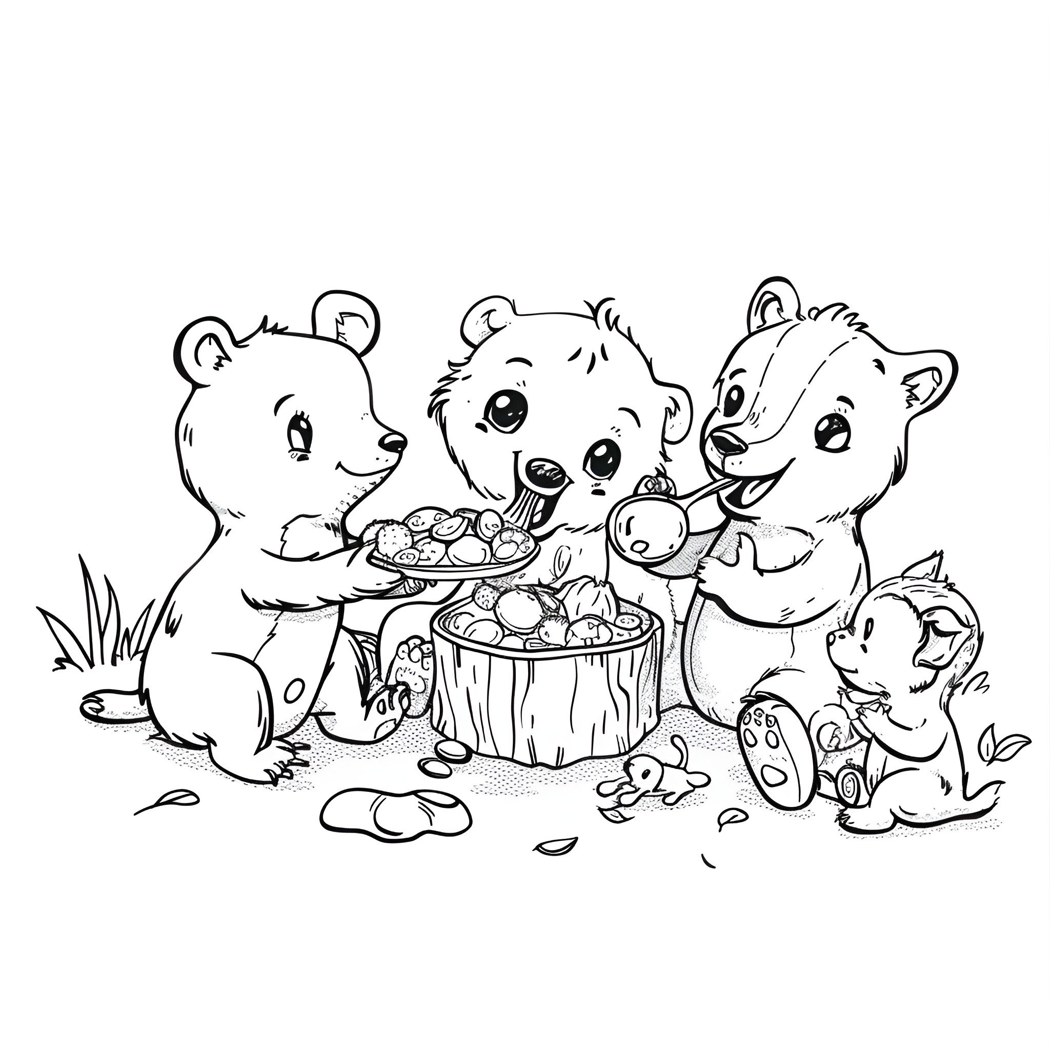 Animal friends sharing a treat Coloring Page (free black-and-white line drawing printable PDF for all, from beginners to advanced learners, including children, teens, adults, and seniors)