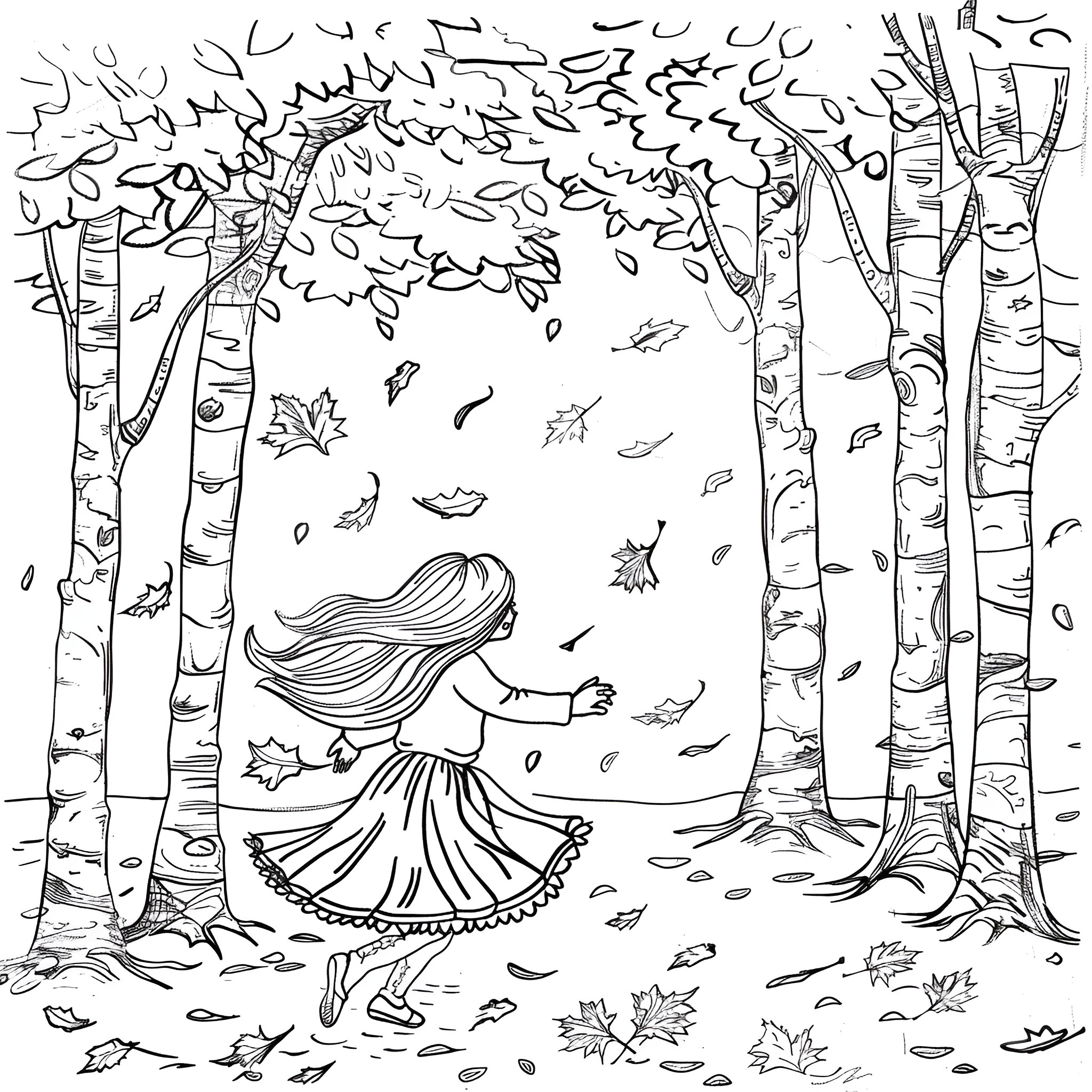 Fall Season woman dancing in forest with leaves Coloring Page (free black-and-white line drawing printable PDF for all, from beginners to advanced learners, including children, teens, adults, and seniors)