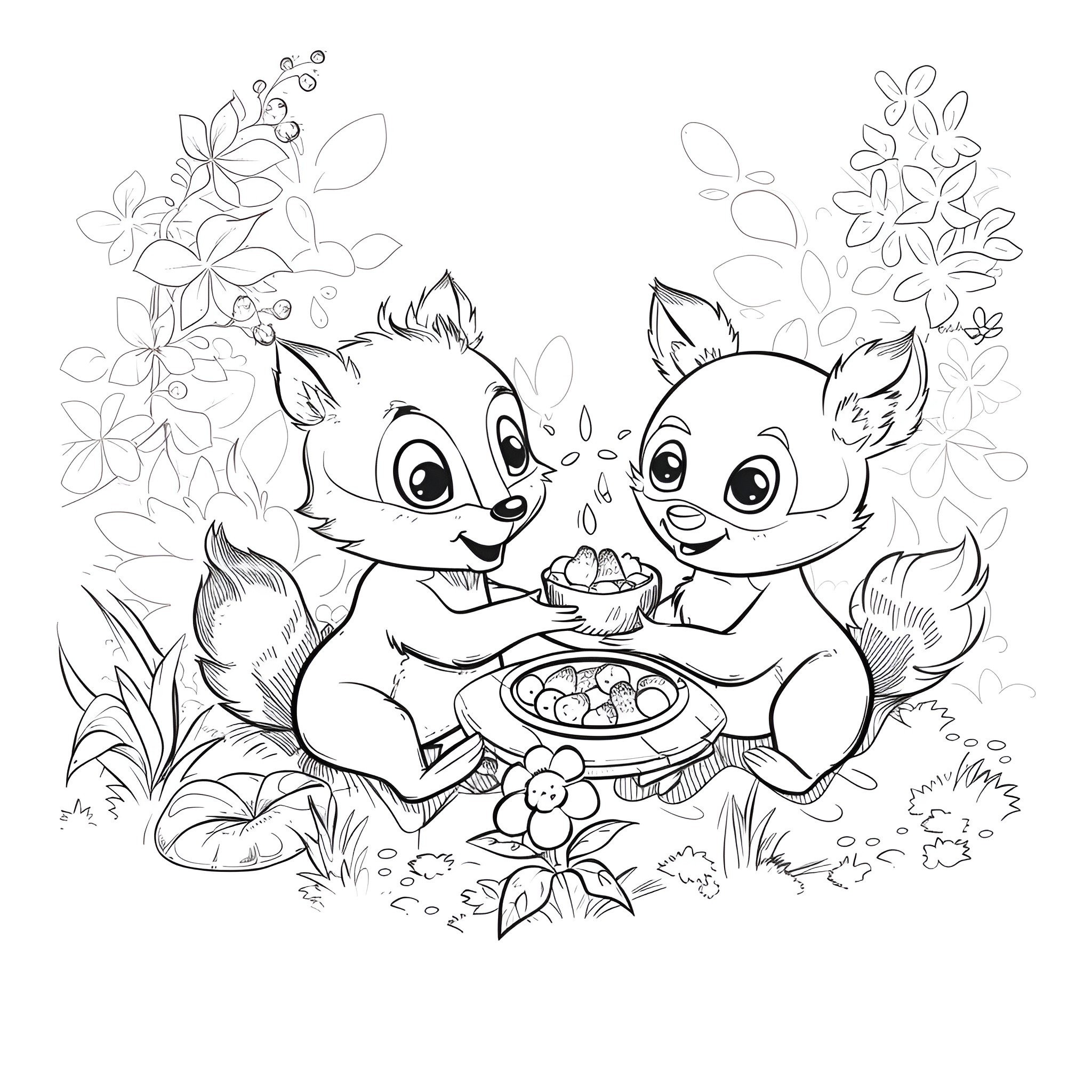 Animal friends sharing a meal Coloring Page (free black-and-white line drawing printable PDF for all, from beginners to advanced learners, including children, teens, adults, and seniors)