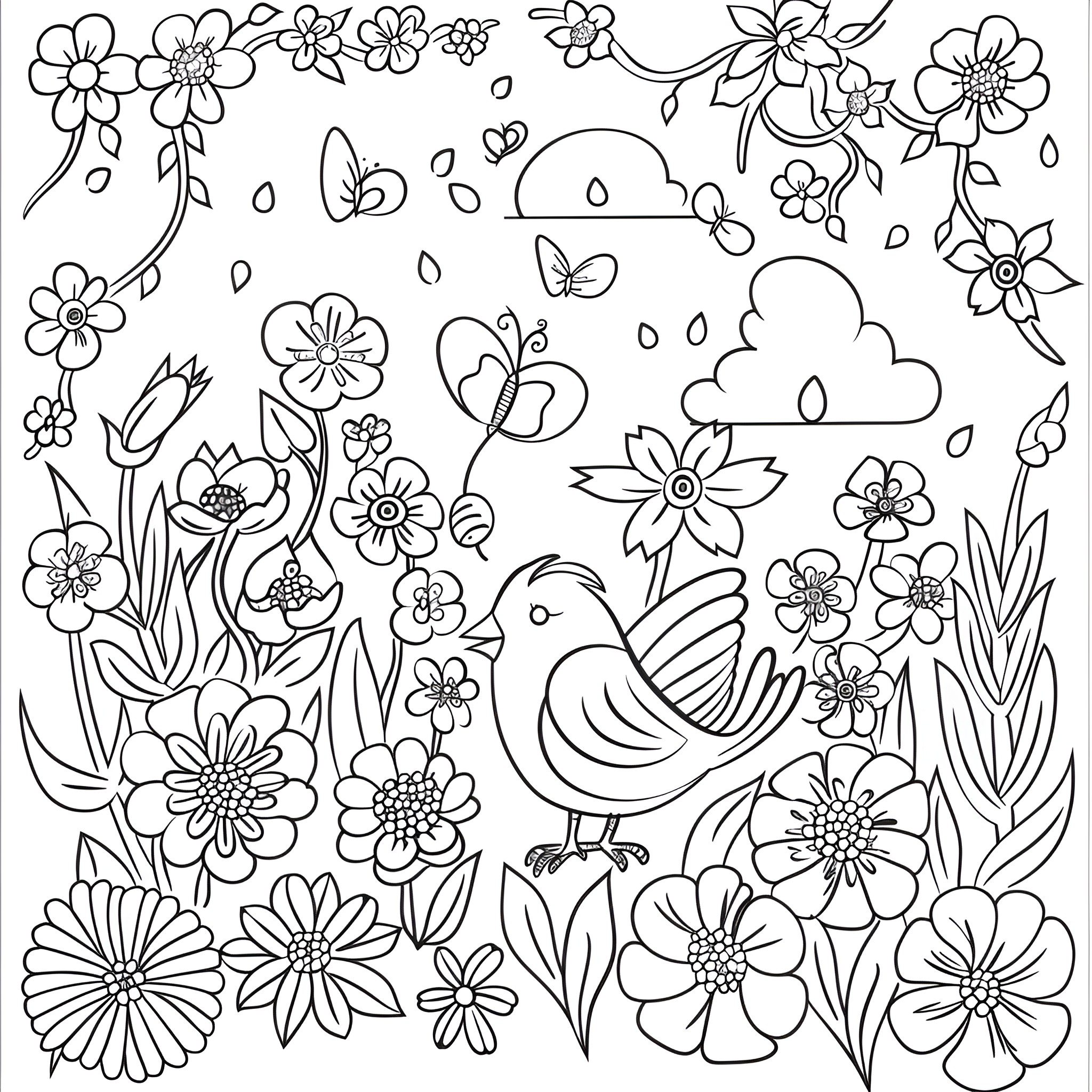 Springtime garden with blooming flowers and chirping bird Coloring Page (free black-and-white line drawing printable PDF for all, from beginners to advanced learners, including children, teens, adults, and seniors)