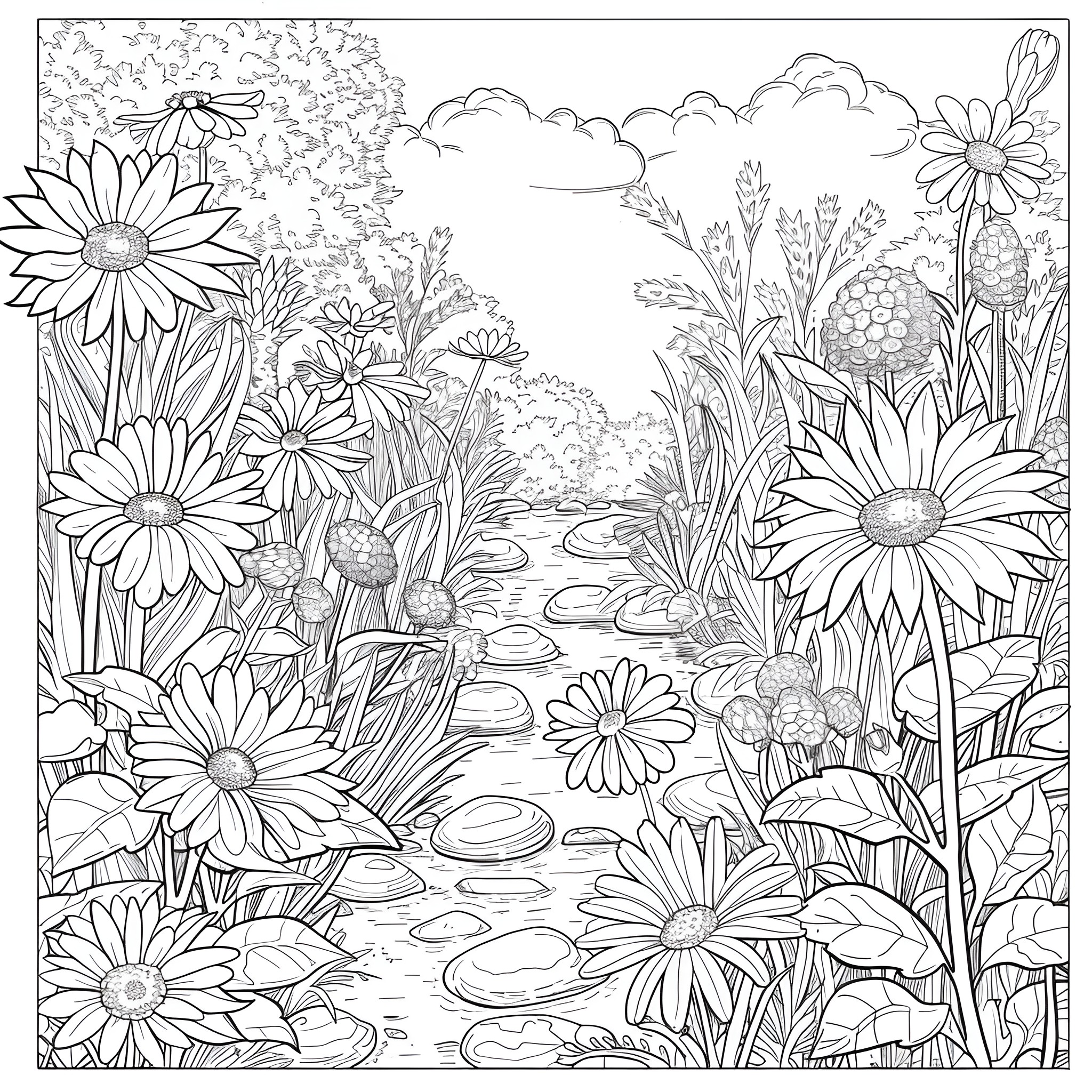 Springtime floral landscape with daisies and lily pads Coloring Page (free black-and-white line drawing printable PDF for all, from beginners to advanced learners, including children, teens, adults, and seniors)