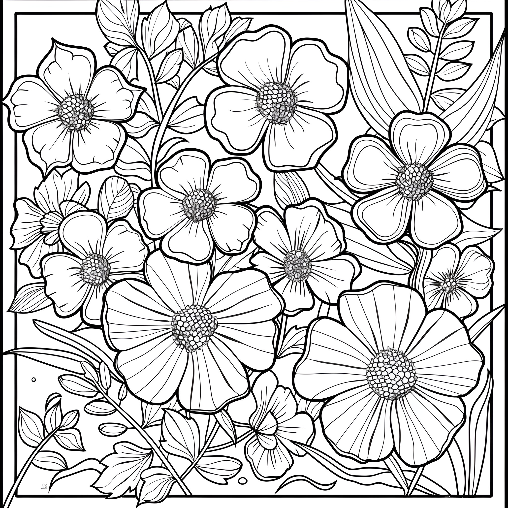 Springtime Floral Garden Coloring Page (free black-and-white line drawing printable PDF for all, from beginners to advanced learners, including children, teens, adults, and seniors)