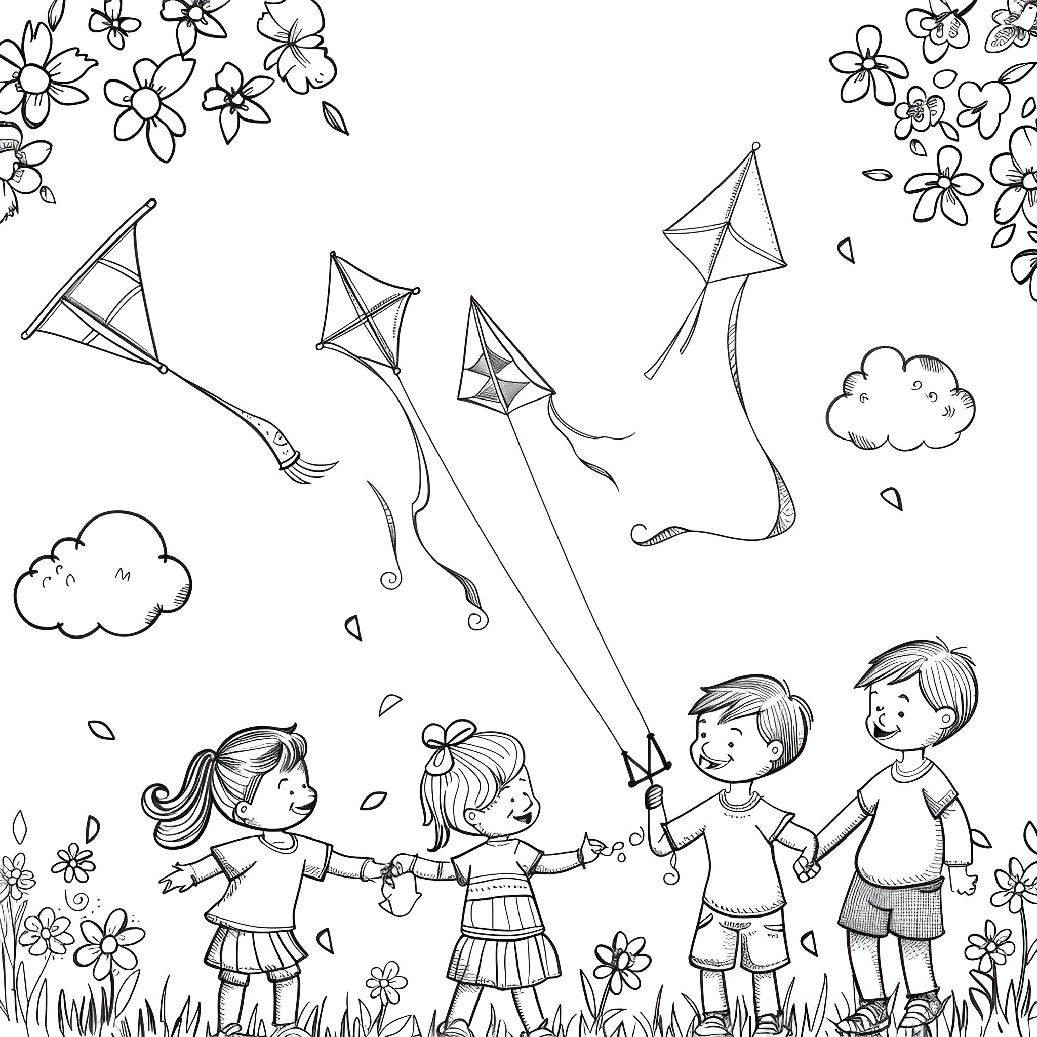 Springtime children playing with kites outdoors Coloring Page (free black-and-white line drawing printable PDF for all, from beginners to advanced learners, including children, teens, adults, and seniors)
