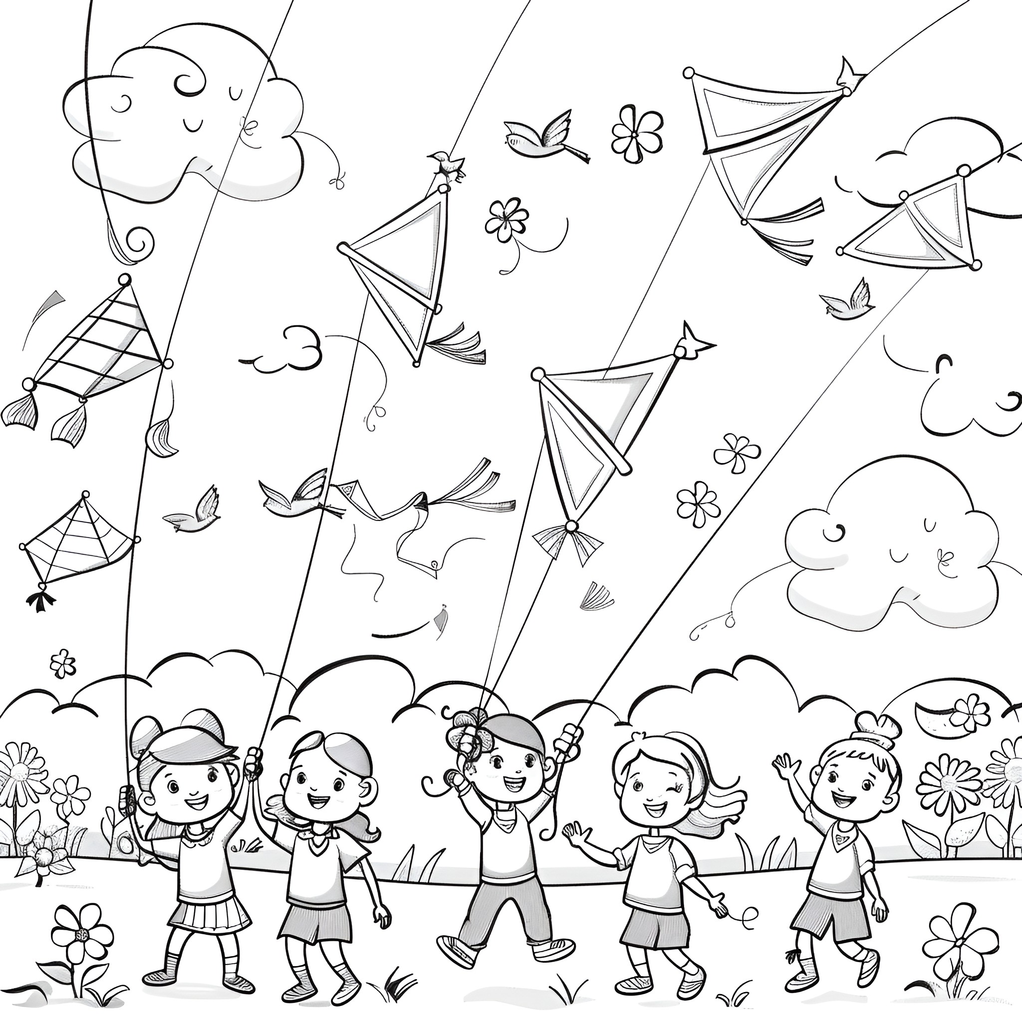 Springtime children playing with kites Coloring Page (free black-and-white line drawing printable PDF for all, from beginners to advanced learners, including children, teens, adults, and seniors)
