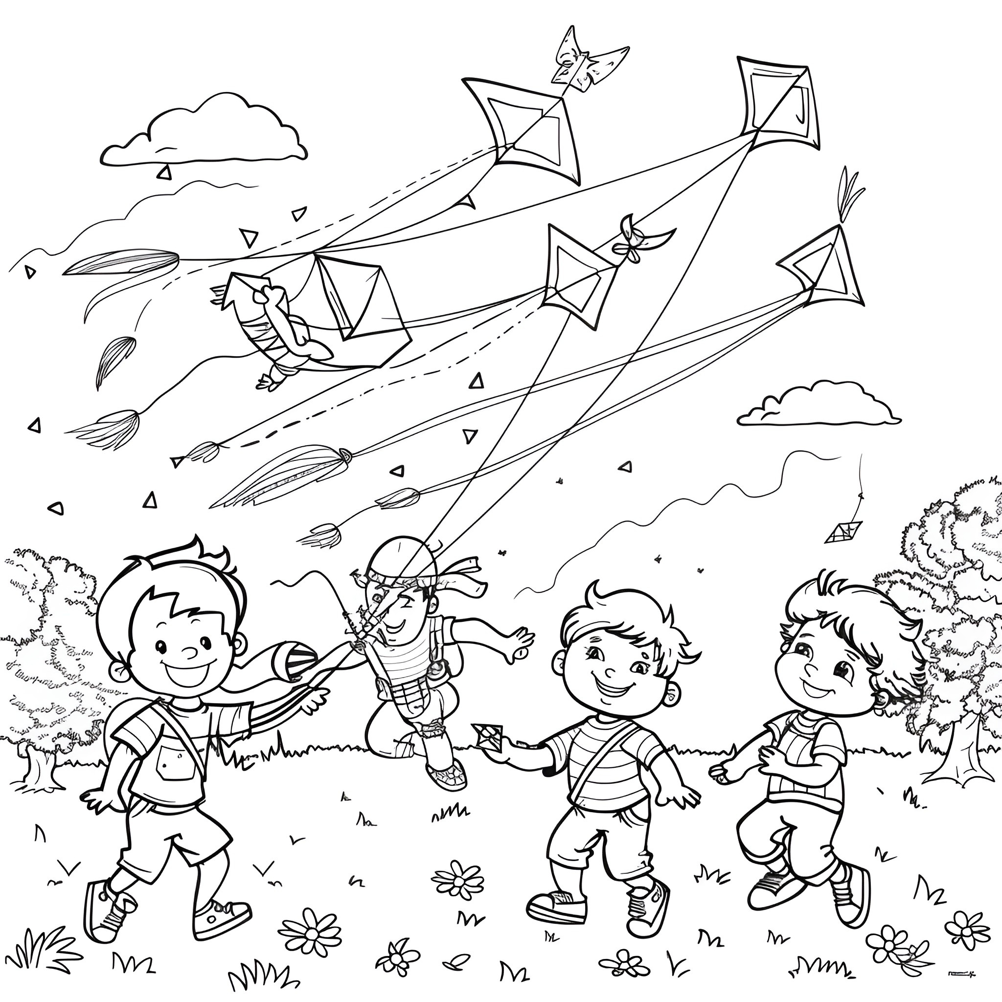 Springtime Kite Flying Adventure Coloring Page (free black-and-white line drawing printable PDF for all, from beginners to advanced learners, including children, teens, adults, and seniors)