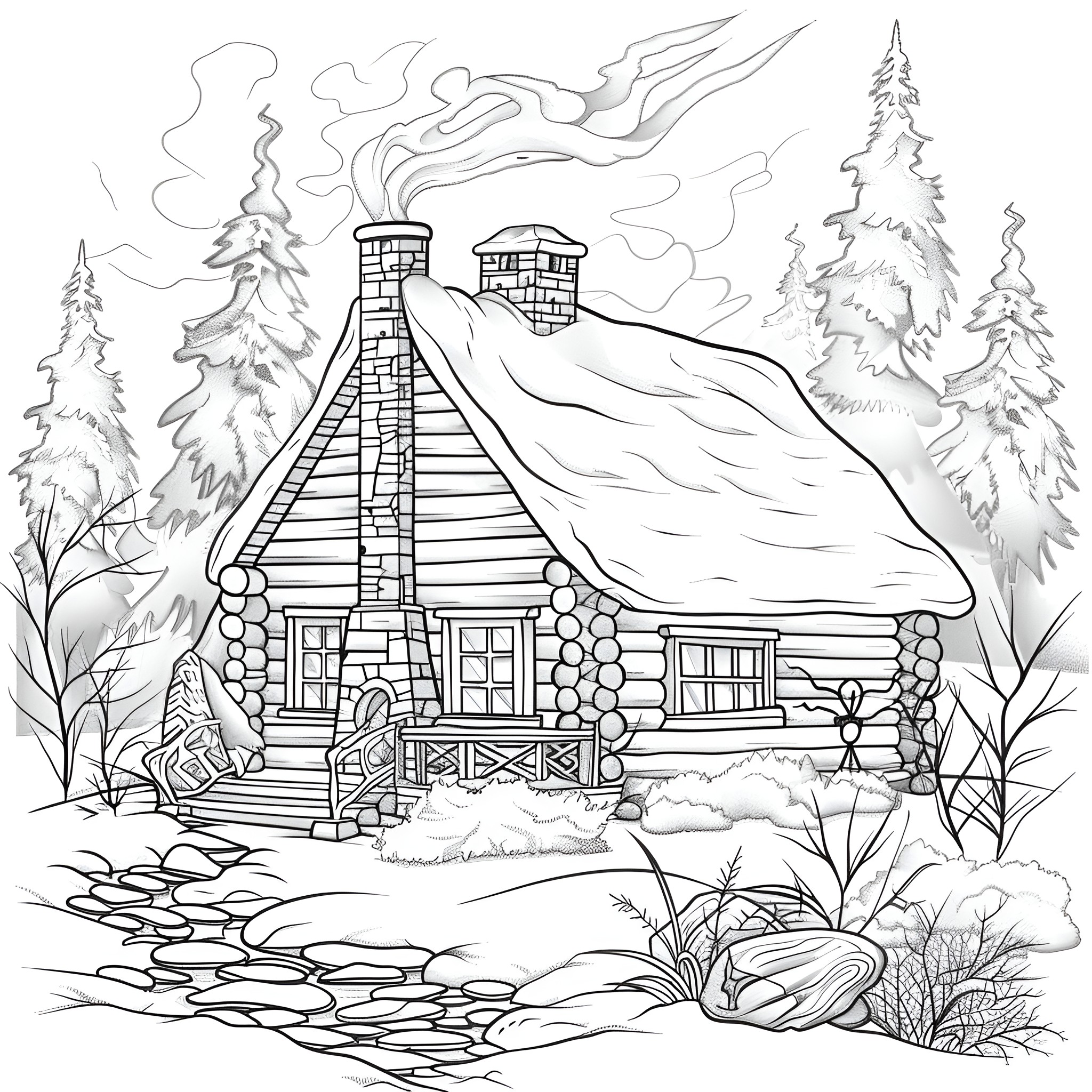Winter Cabin in Snowy Woodland Coloring Page (free black-and-white line drawing printable PDF for all, from beginners to advanced learners, including children, teens, adults, and seniors)
