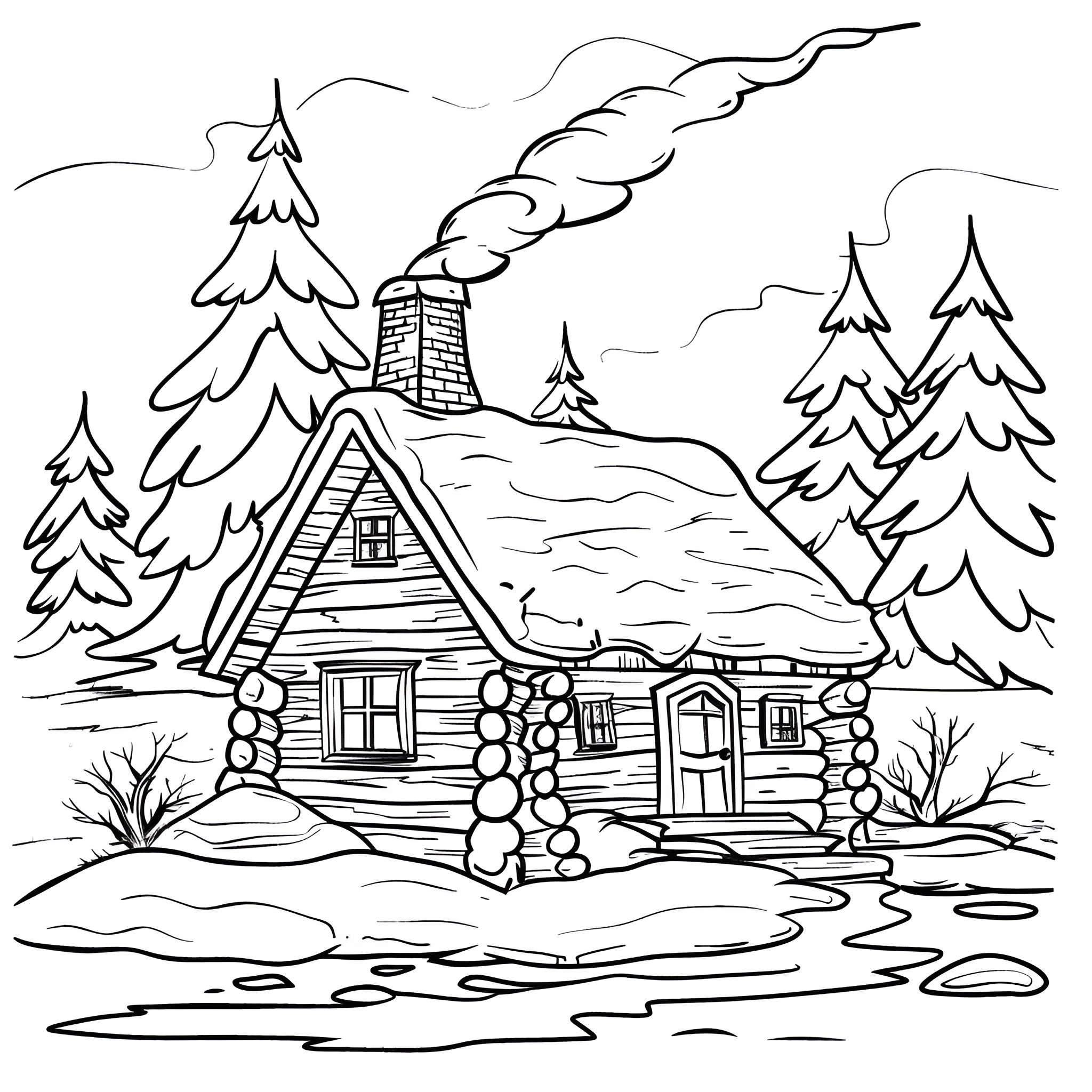 Winter Cabin in Snowy Landscape Coloring Page (free black-and-white line drawing printable PDF for all, from beginners to advanced learners, including children, teens, adults, and seniors)