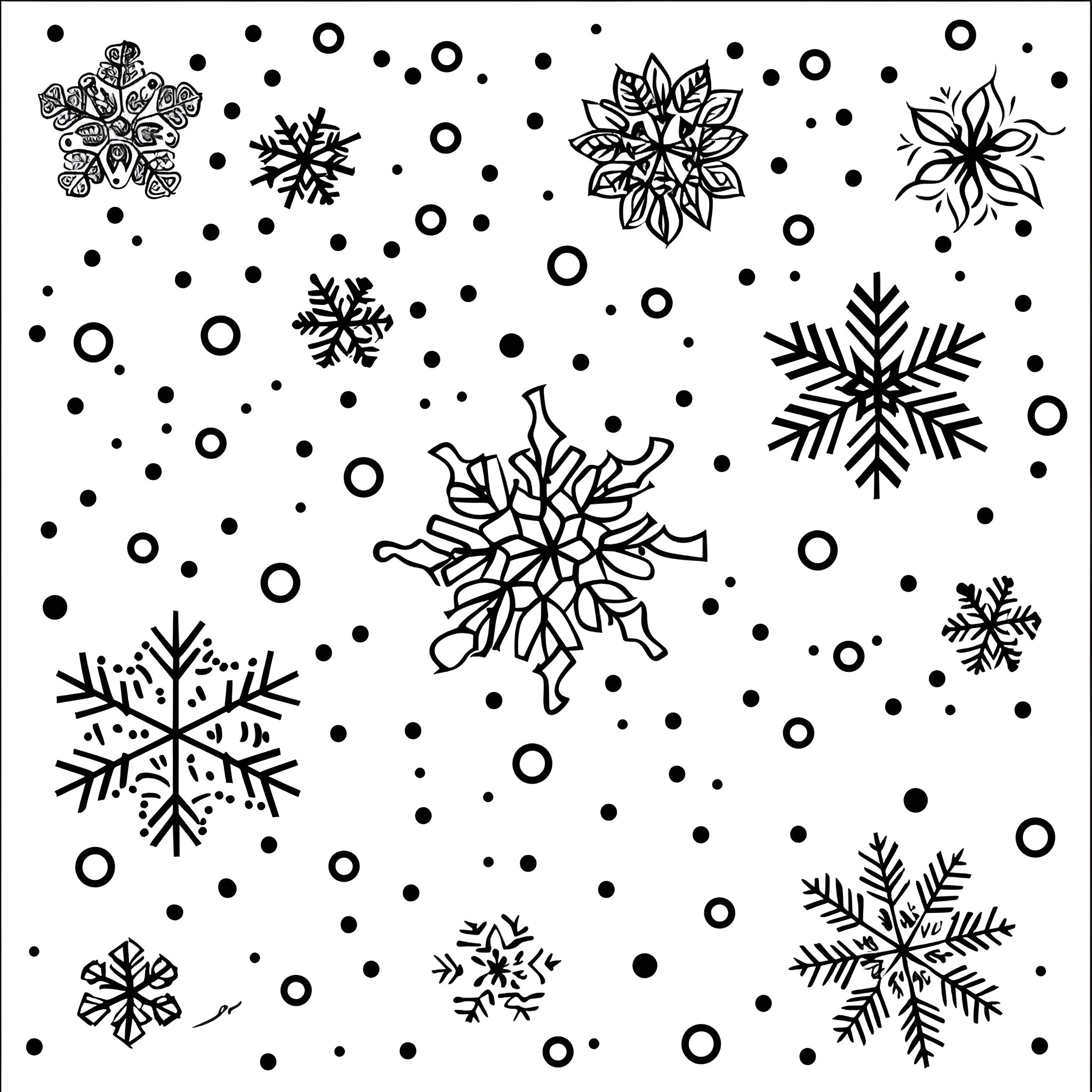 Winter snowflake patterns and shapes Coloring Page (free black-and-white line drawing printable PDF for all, from beginners to advanced learners, including children, teens, adults, and seniors)