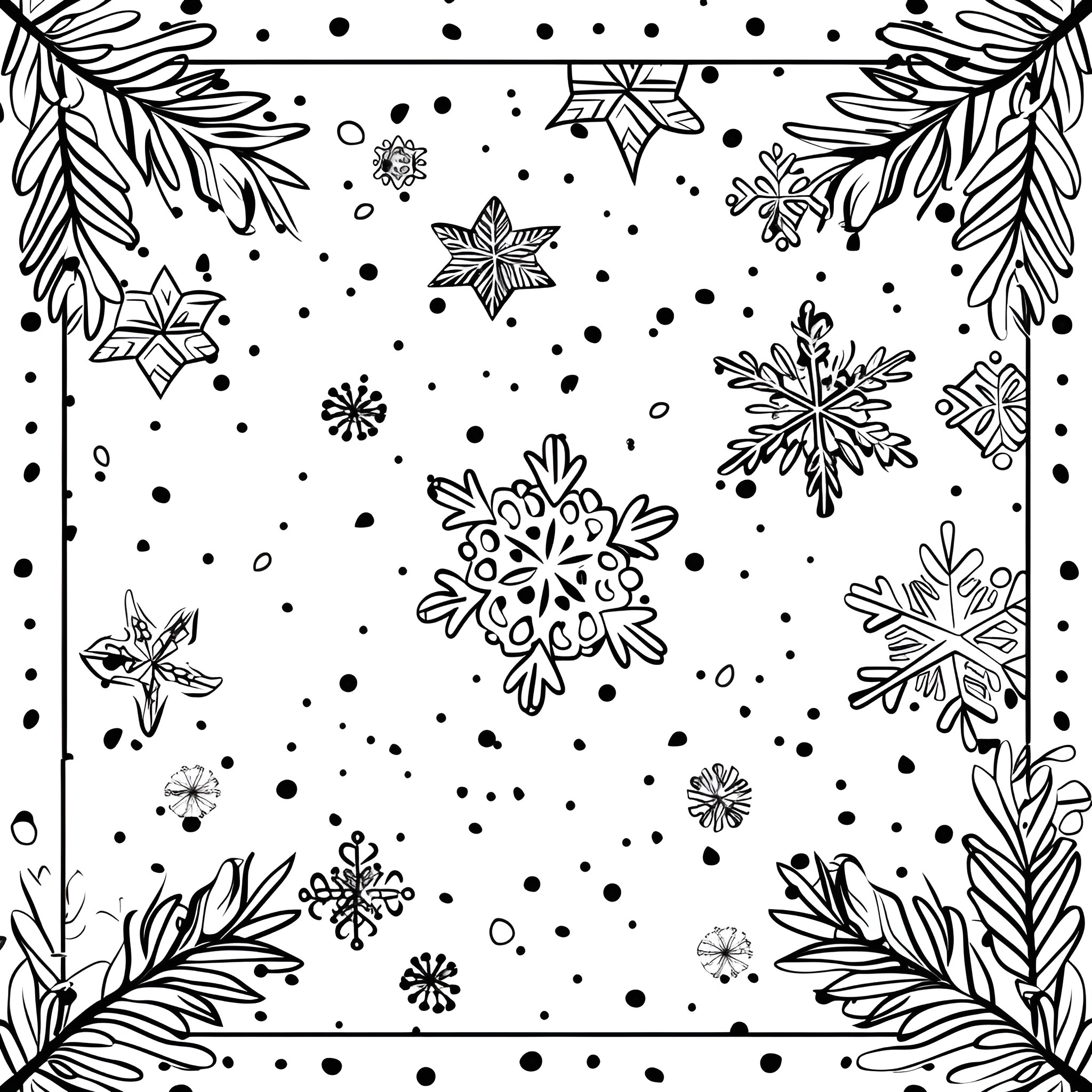 Winter Snowflake Silhouette Design Coloring Page (free black-and-white line drawing printable PDF for all, from beginners to advanced learners, including children, teens, adults, and seniors)