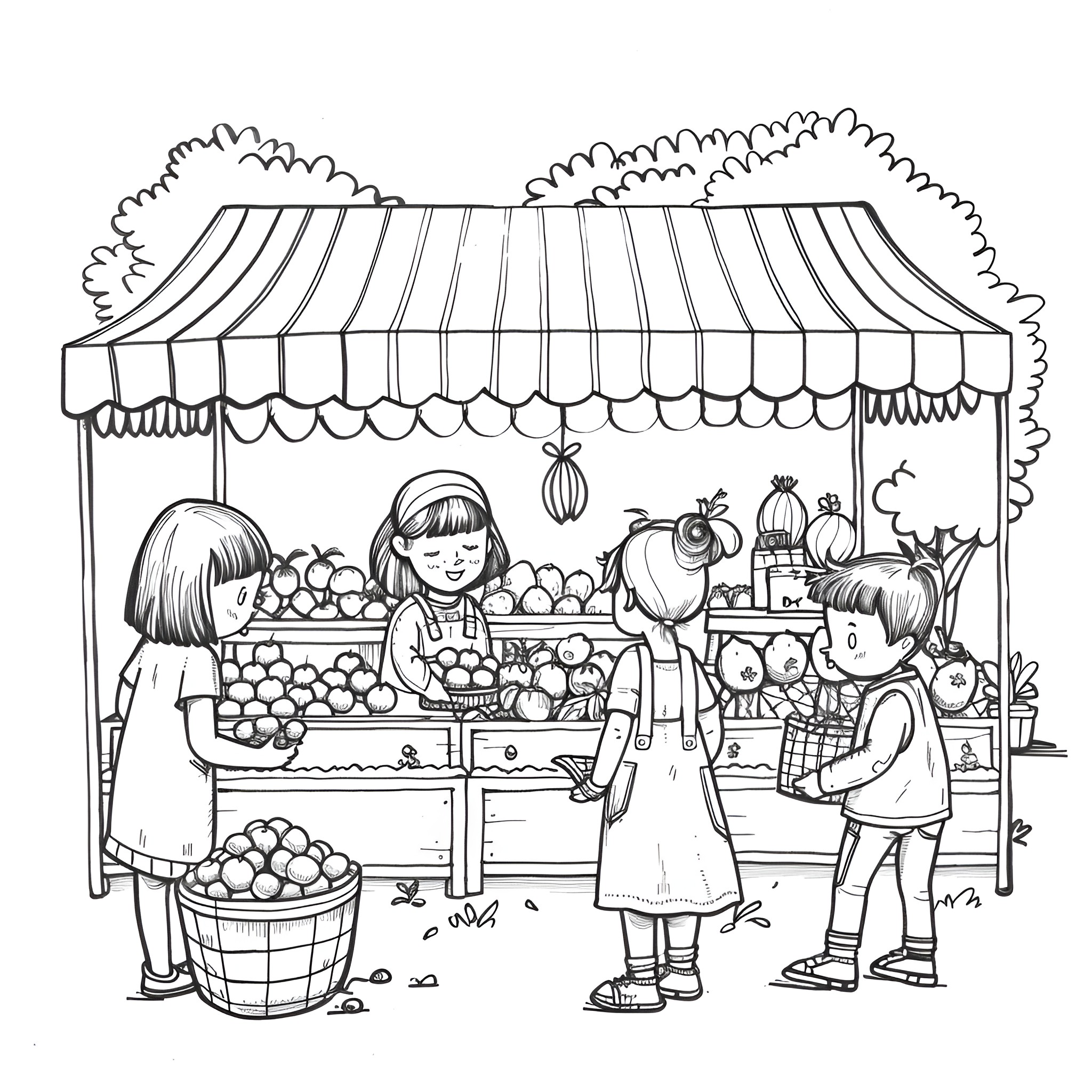 Springtime at the Farmer's Market Coloring Page (free black-and-white line drawing printable PDF for all, from beginners to advanced learners, including children, teens, adults, and seniors)