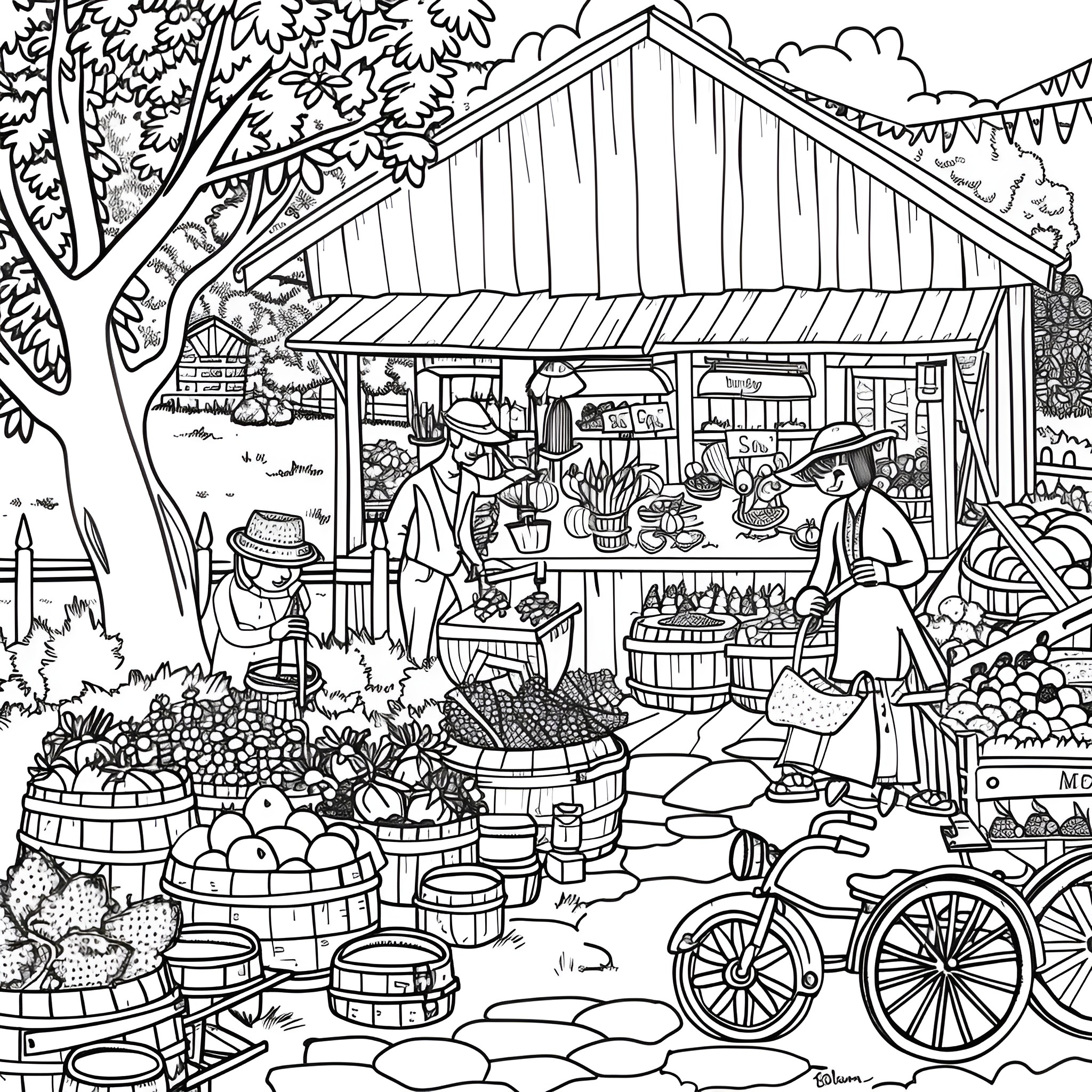 Springtime at the Farmers Market Coloring Page (free black-and-white line drawing printable PDF for all, from beginners to advanced learners, including children, teens, adults, and seniors)