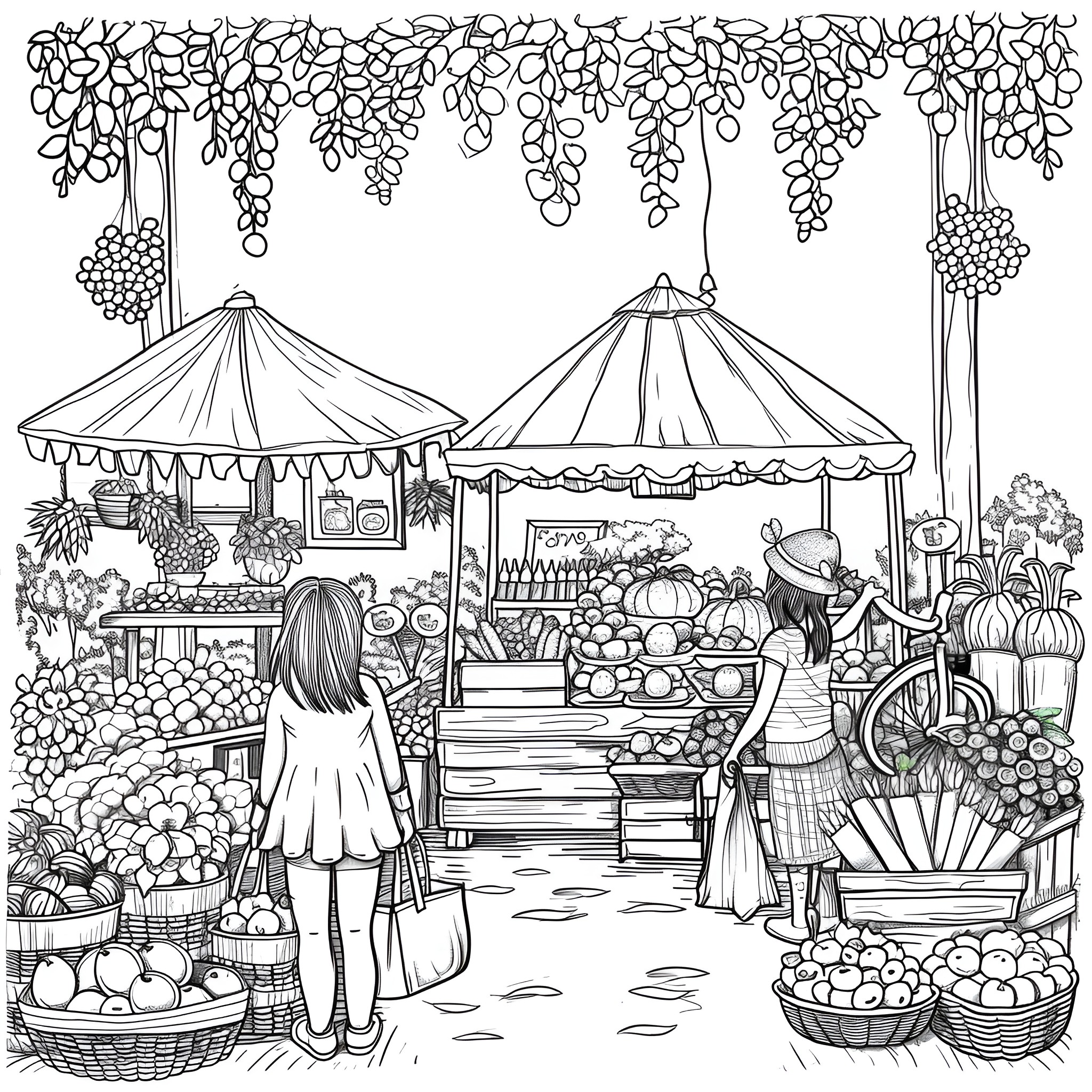 Springtime farmers market scene Coloring Page (free black-and-white line drawing printable PDF for all, from beginners to advanced learners, including children, teens, adults, and seniors)