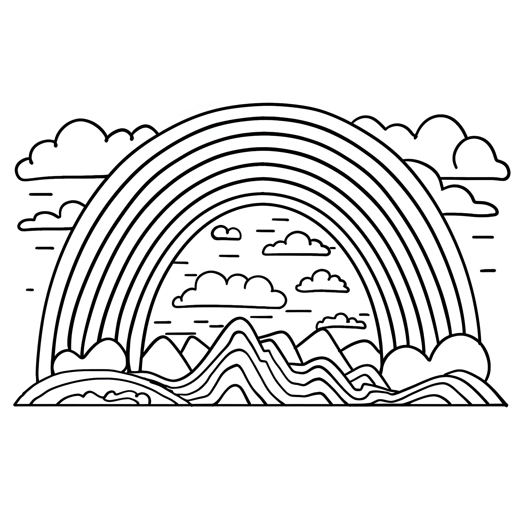 Rainbow landscape with clouds and mountains Coloring Page (free black-and-white line drawing printable PDF for all, from beginners to advanced learners, including children, teens, adults, and seniors)