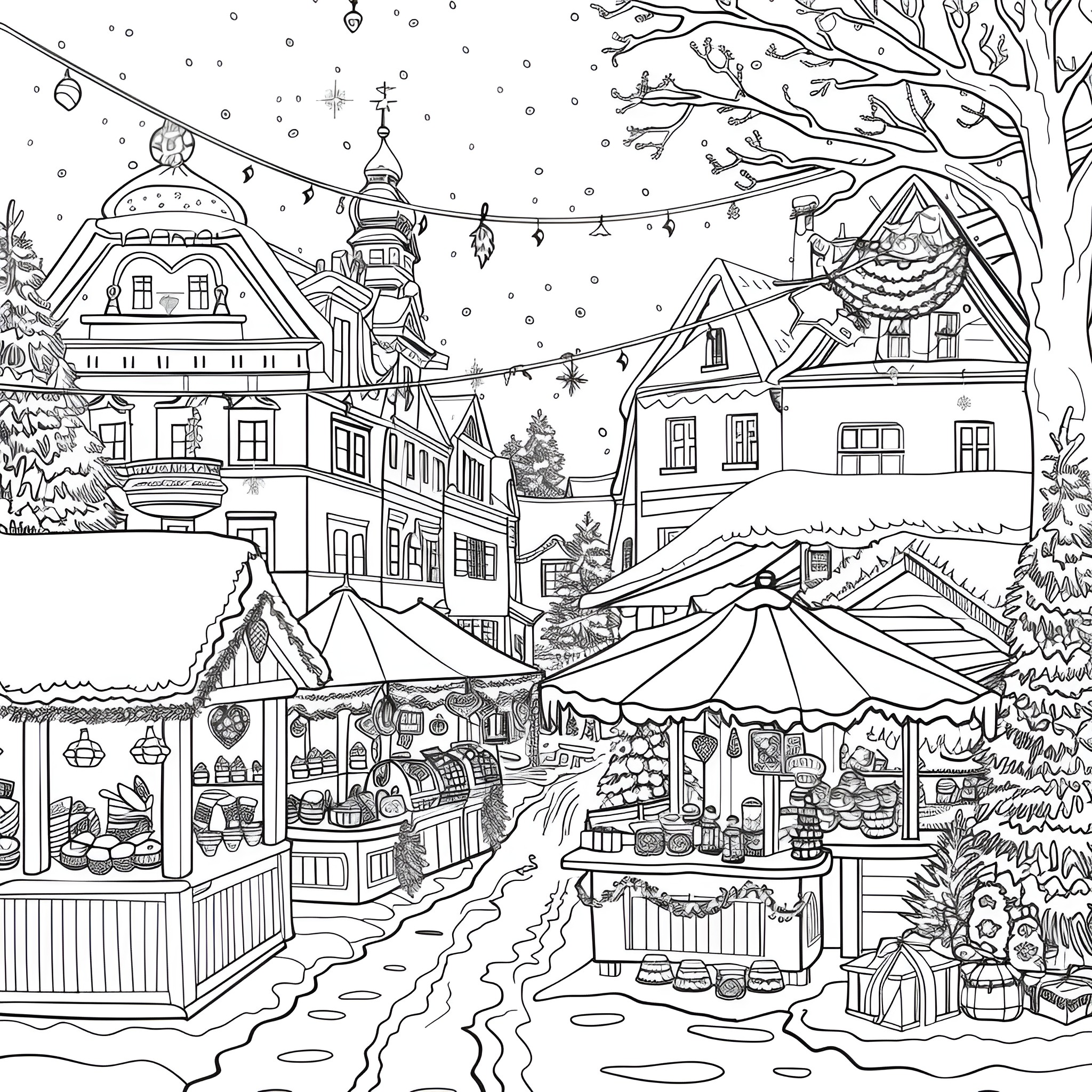 Winter Festival in a Snowy Town Coloring Page (free black-and-white line drawing printable PDF for all, from beginners to advanced learners, including children, teens, adults, and seniors)