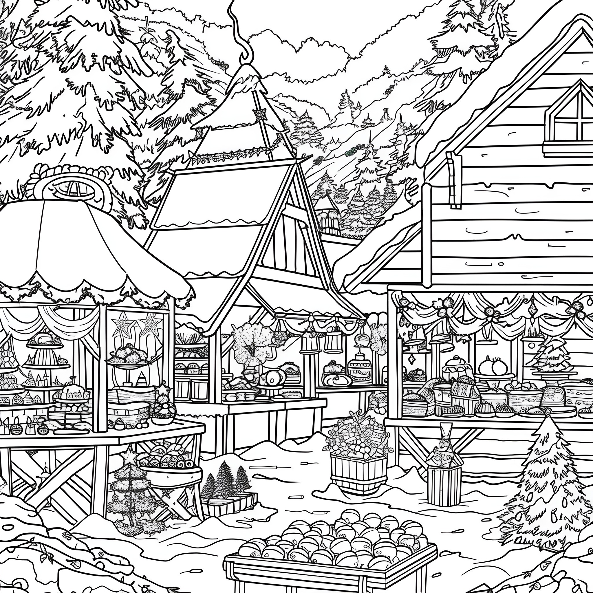 Winter village market in snowy mountains Coloring Page (free black-and-white line drawing printable PDF for all, from beginners to advanced learners, including children, teens, adults, and seniors)