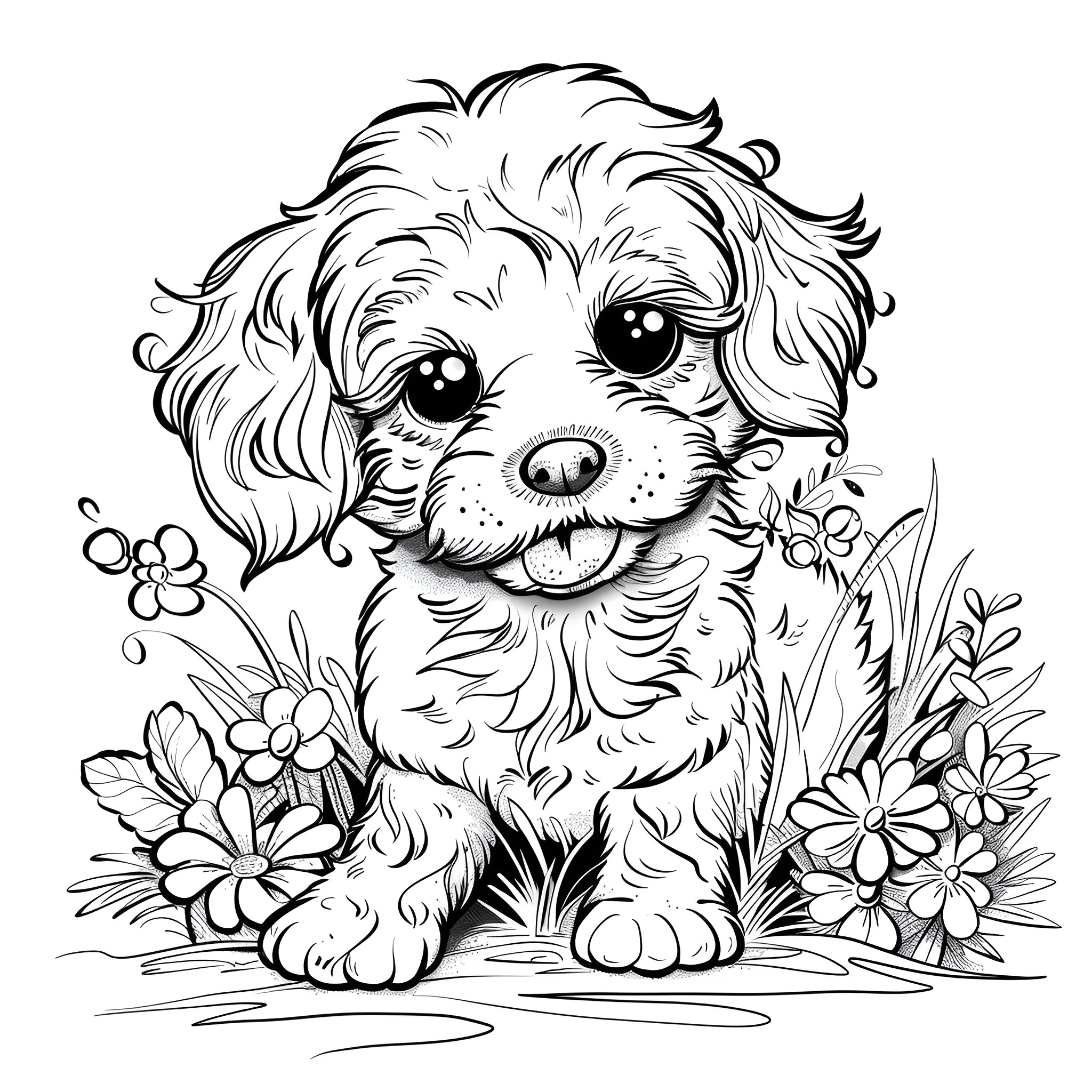 Springtime Puppy Surrounded by Flowers Coloring Page (free black-and-white line drawing printable PDF for all, from beginners to advanced learners, including children, teens, adults, and seniors)