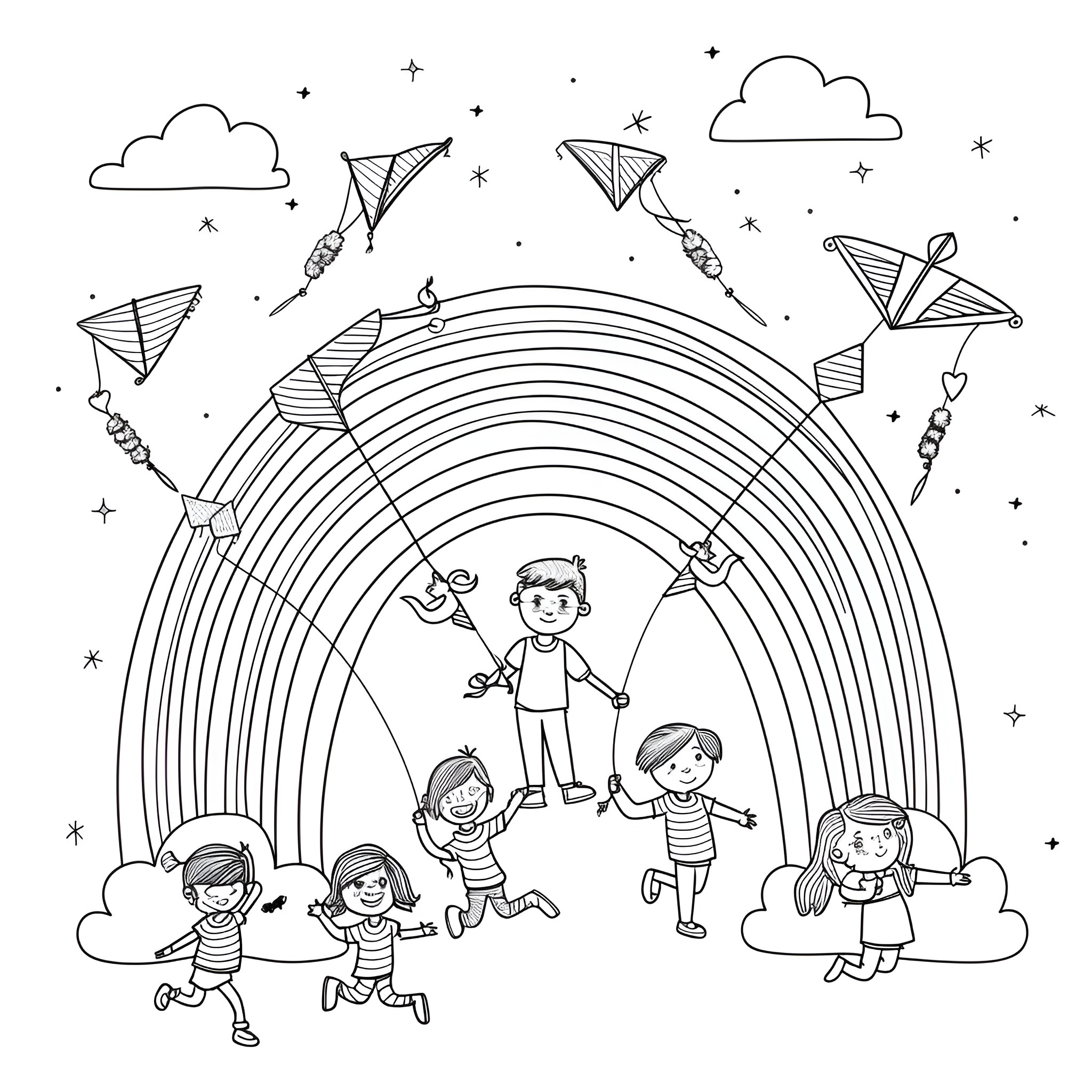 Rainbow children playing with kites under the sky Coloring Page (free black-and-white line drawing printable PDF for all, from beginners to advanced learners, including children, teens, adults, and seniors)