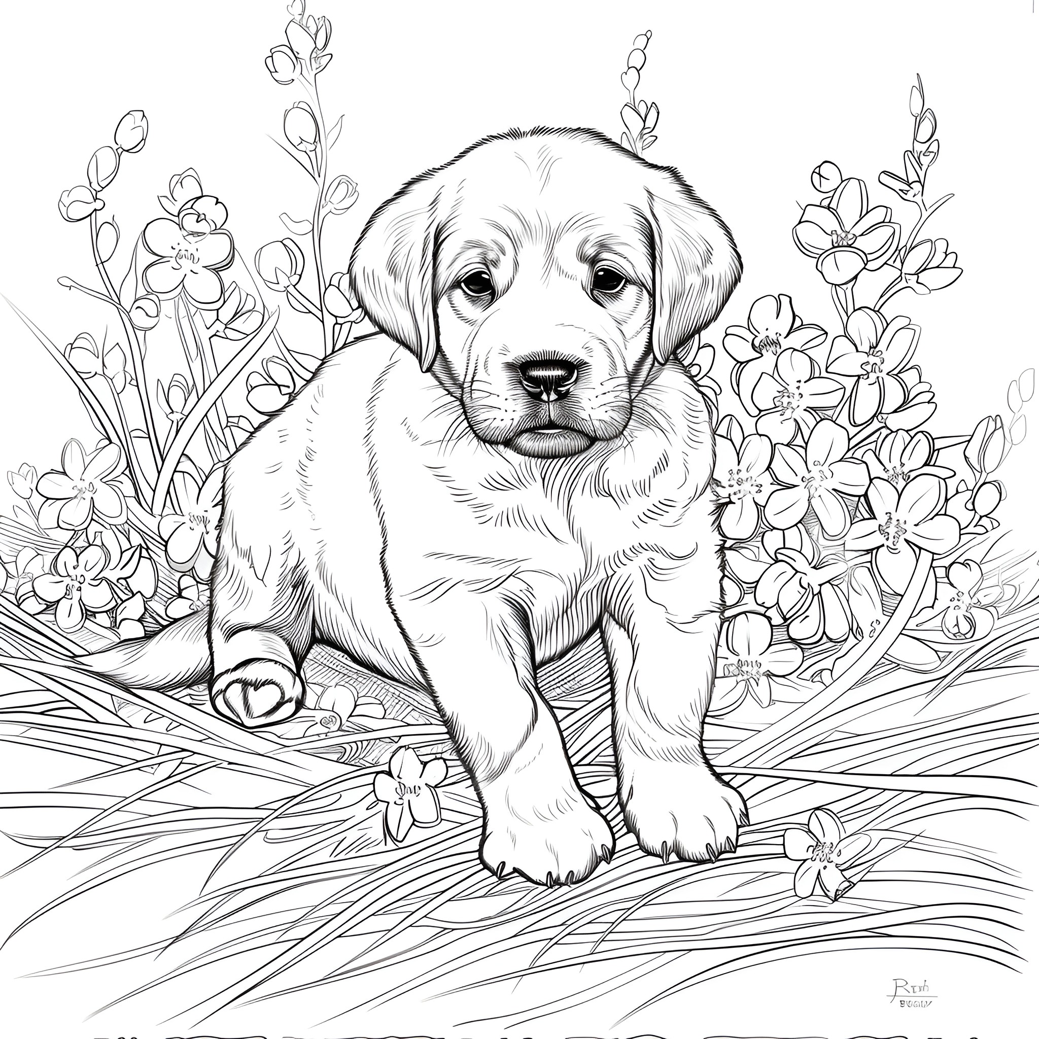 Springtime puppy surrounded by blooming flowers Coloring Page (free black-and-white line drawing printable PDF for all, from beginners to advanced learners, including children, teens, adults, and seniors)