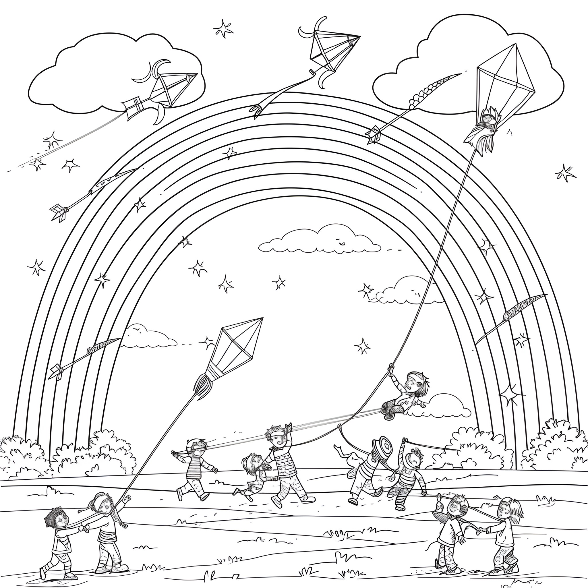 Rainbow kite flying fun on the meadow Coloring Page (free black-and-white line drawing printable PDF for all, from beginners to advanced learners, including children, teens, adults, and seniors)