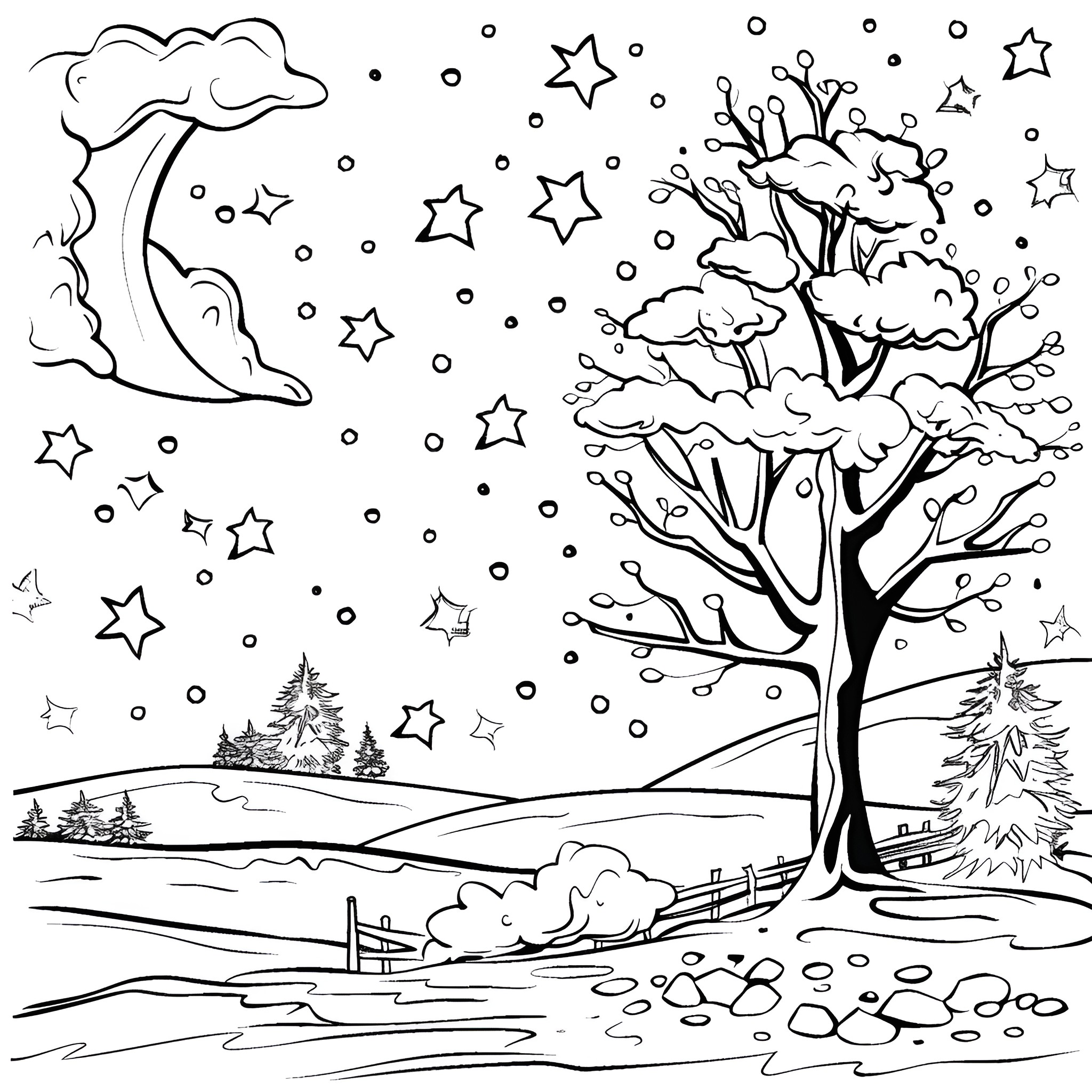 Winter Wonderland Scene with Snowy Landscape Coloring Page (free black-and-white line drawing printable PDF for all, from beginners to advanced learners, including children, teens, adults, and seniors)