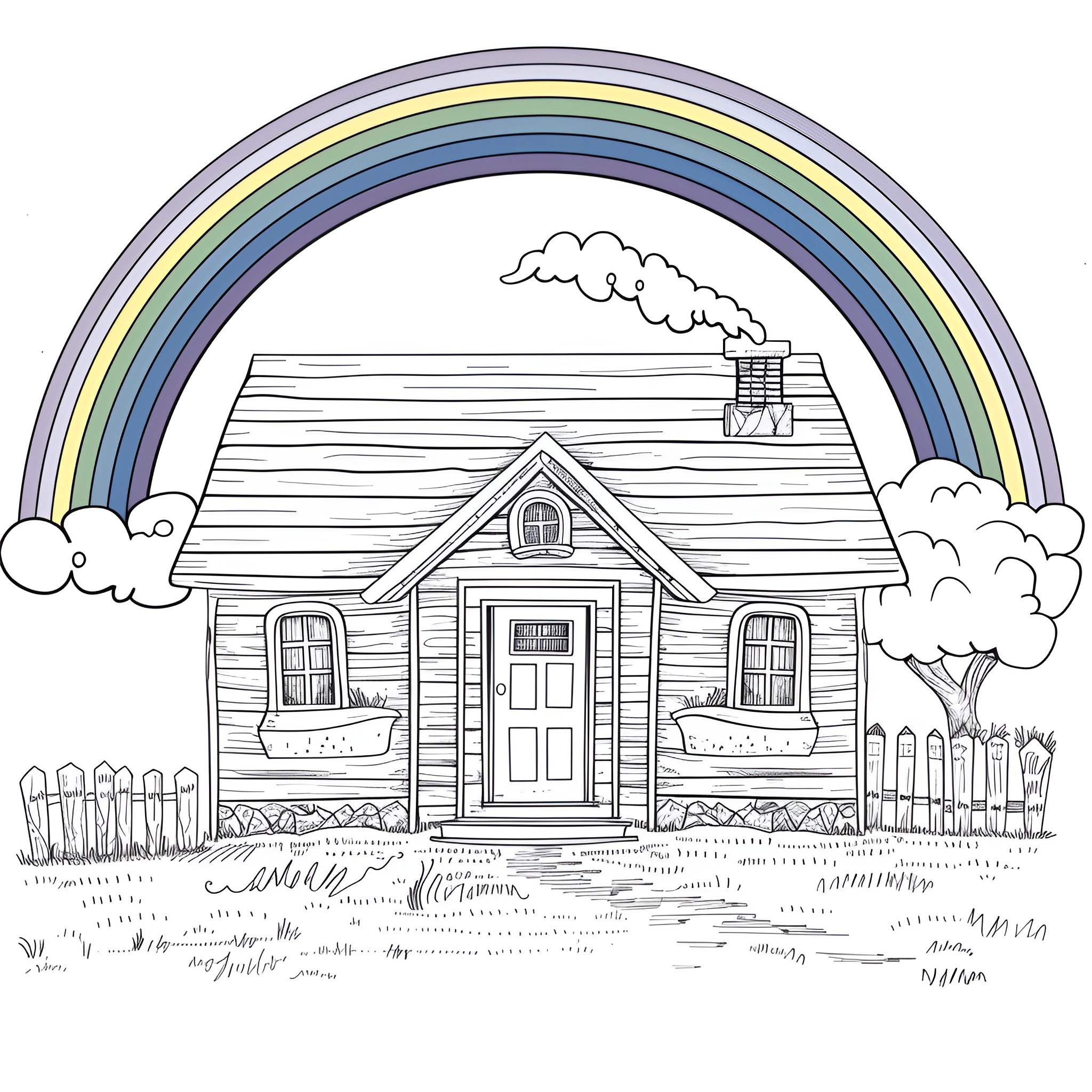 Rainbow-adorned cottage with whimsical elements Coloring Page (free black-and-white line drawing printable PDF for all, from beginners to advanced learners, including children, teens, adults, and seniors)