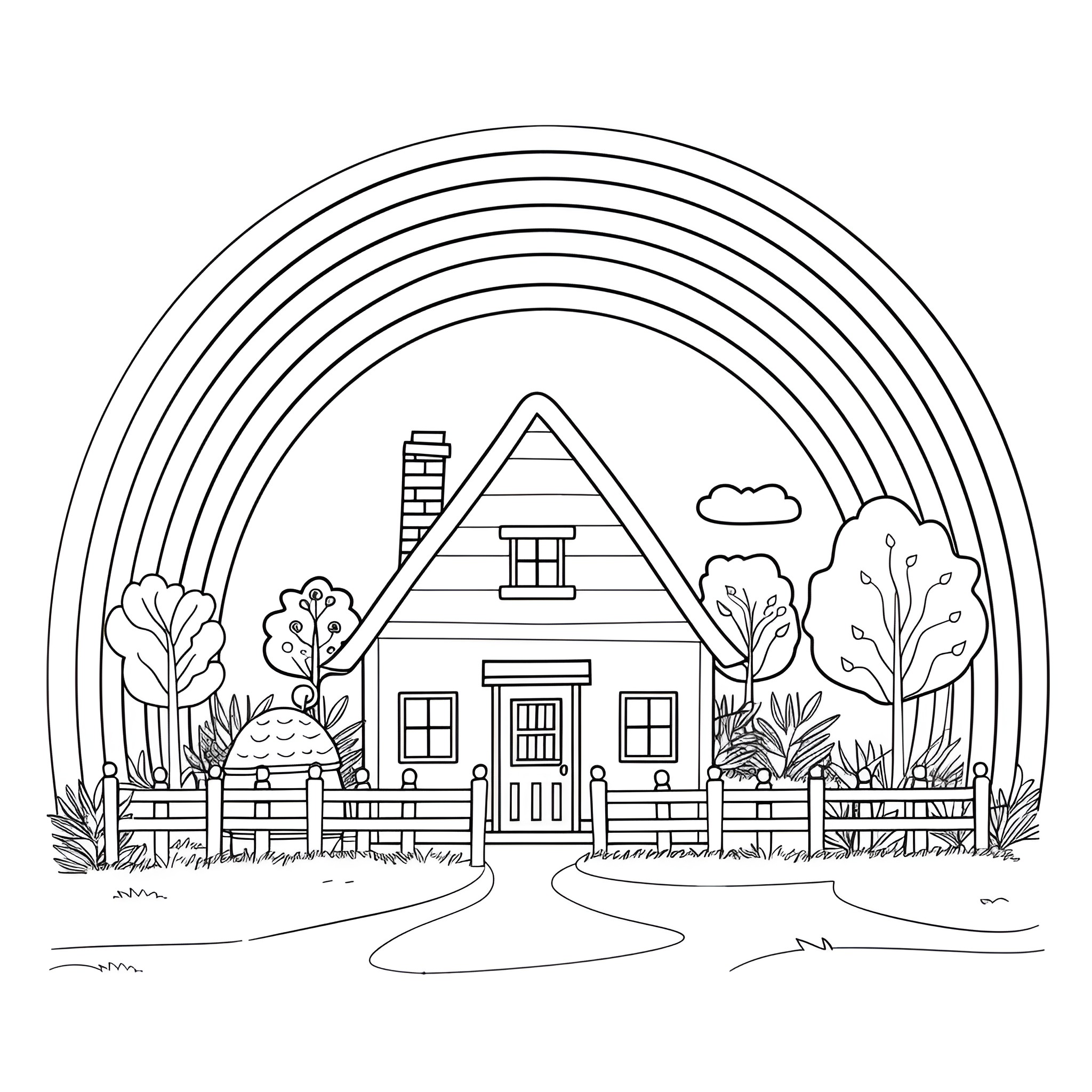 Rainbow Cottage Scene with Trees Coloring Page (free black-and-white line drawing printable PDF for all, from beginners to advanced learners, including children, teens, adults, and seniors)