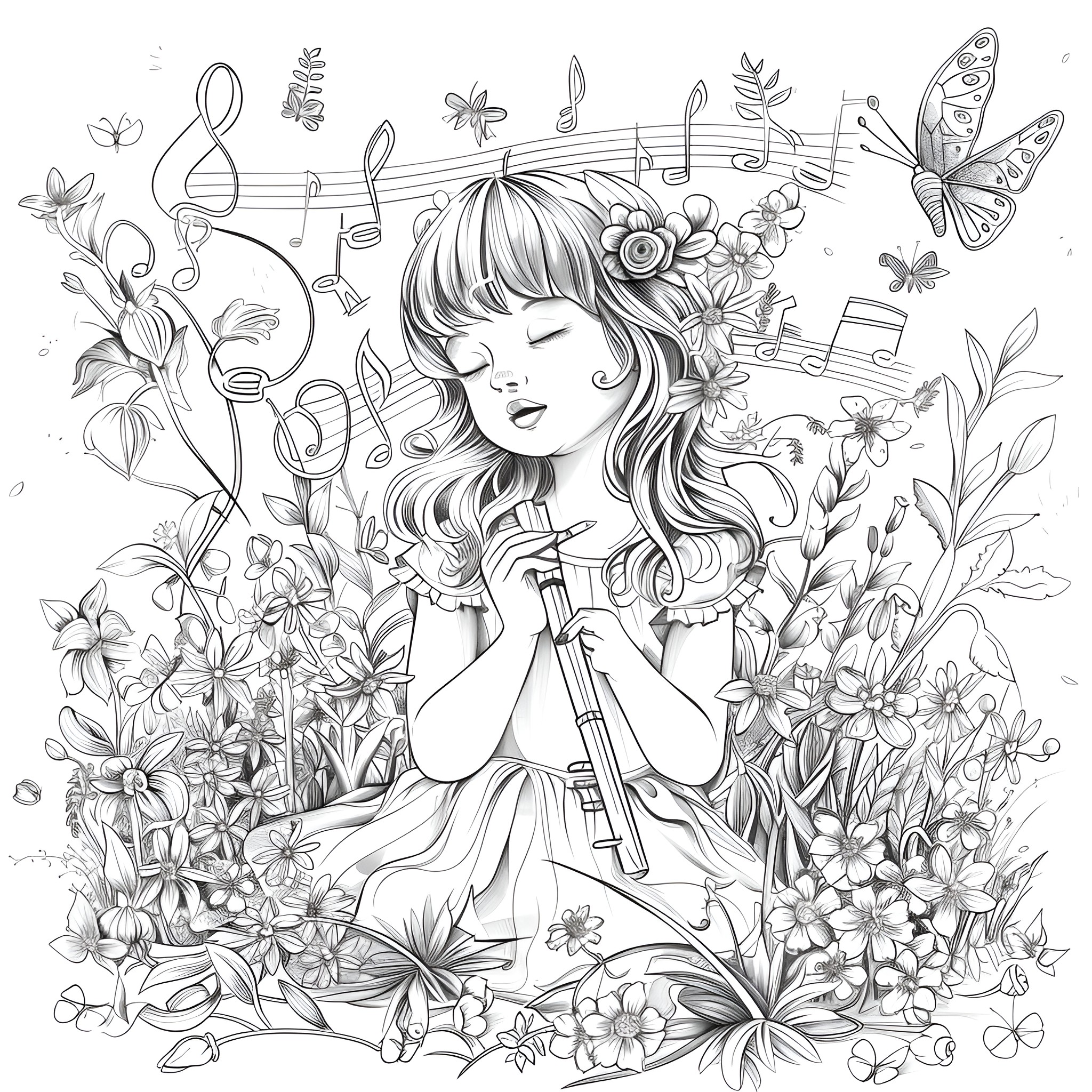 Springtime girl with floral elements and butterflies Coloring Page (free black-and-white line drawing printable PDF for all, from beginners to advanced learners, including children, teens, adults, and seniors)