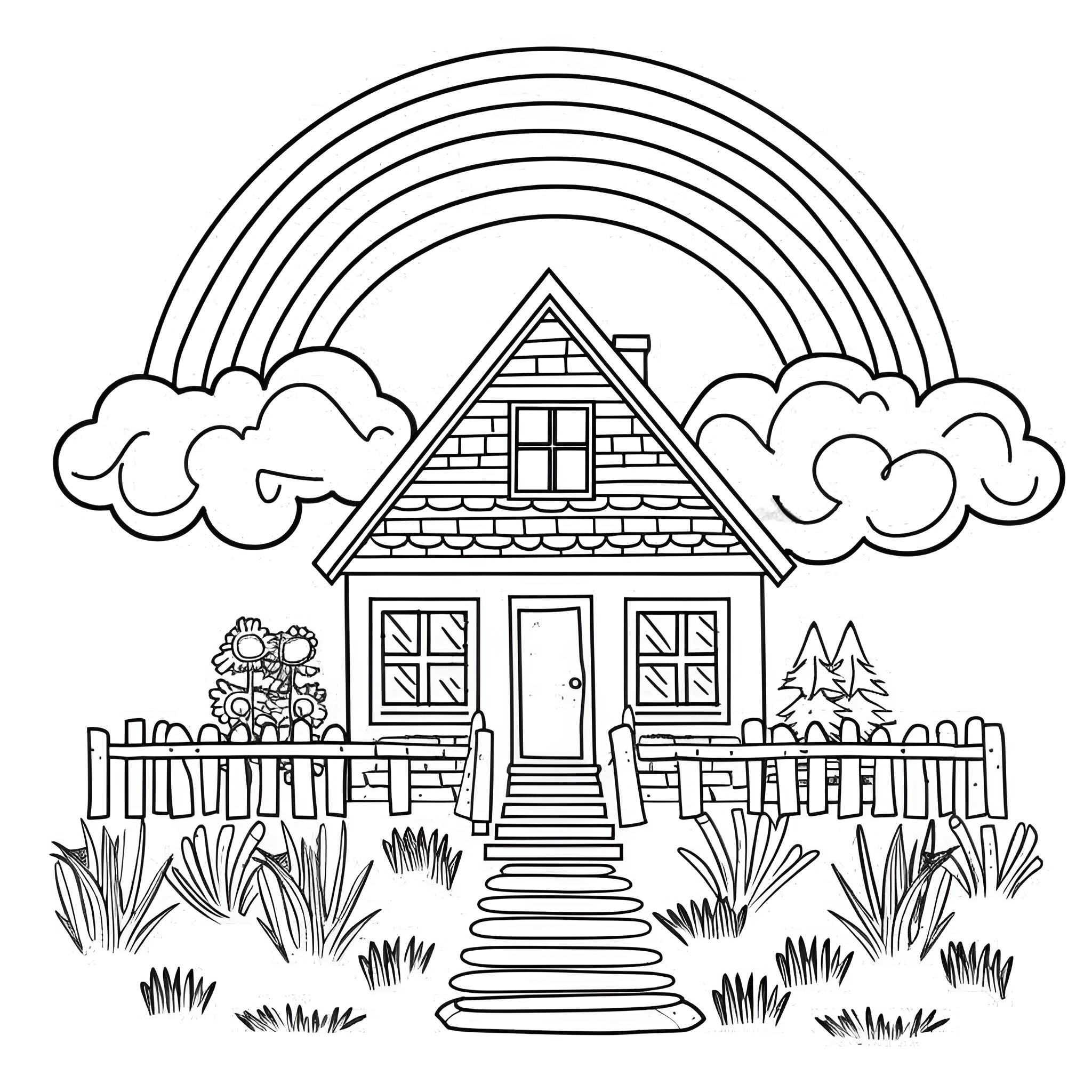 Rainbow cottage in nature setting Coloring Page (free black-and-white line drawing printable PDF for all, from beginners to advanced learners, including children, teens, adults, and seniors)