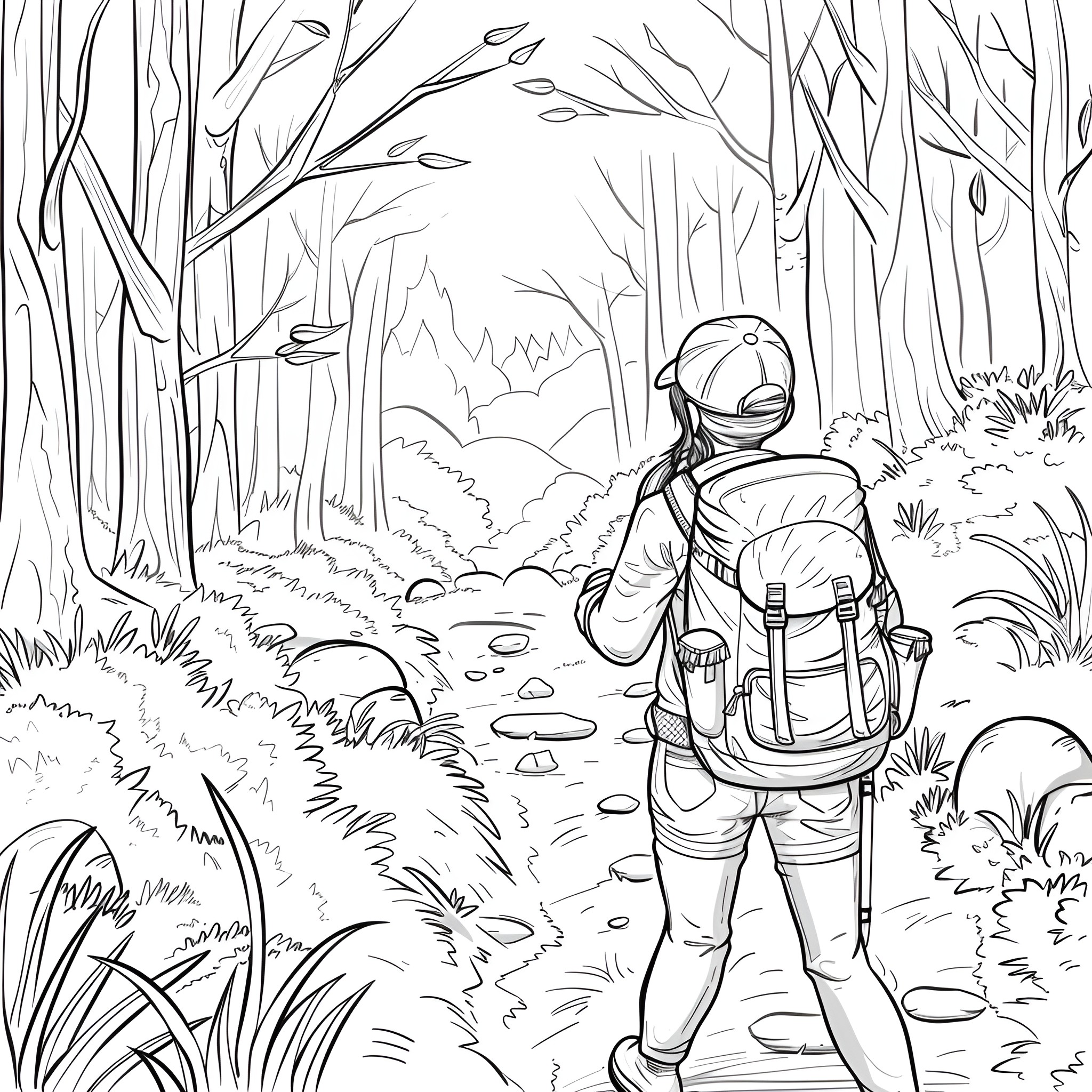 Springtime Hike in the Forest Coloring Page (free black-and-white line drawing printable PDF for all, from beginners to advanced learners, including children, teens, adults, and seniors)