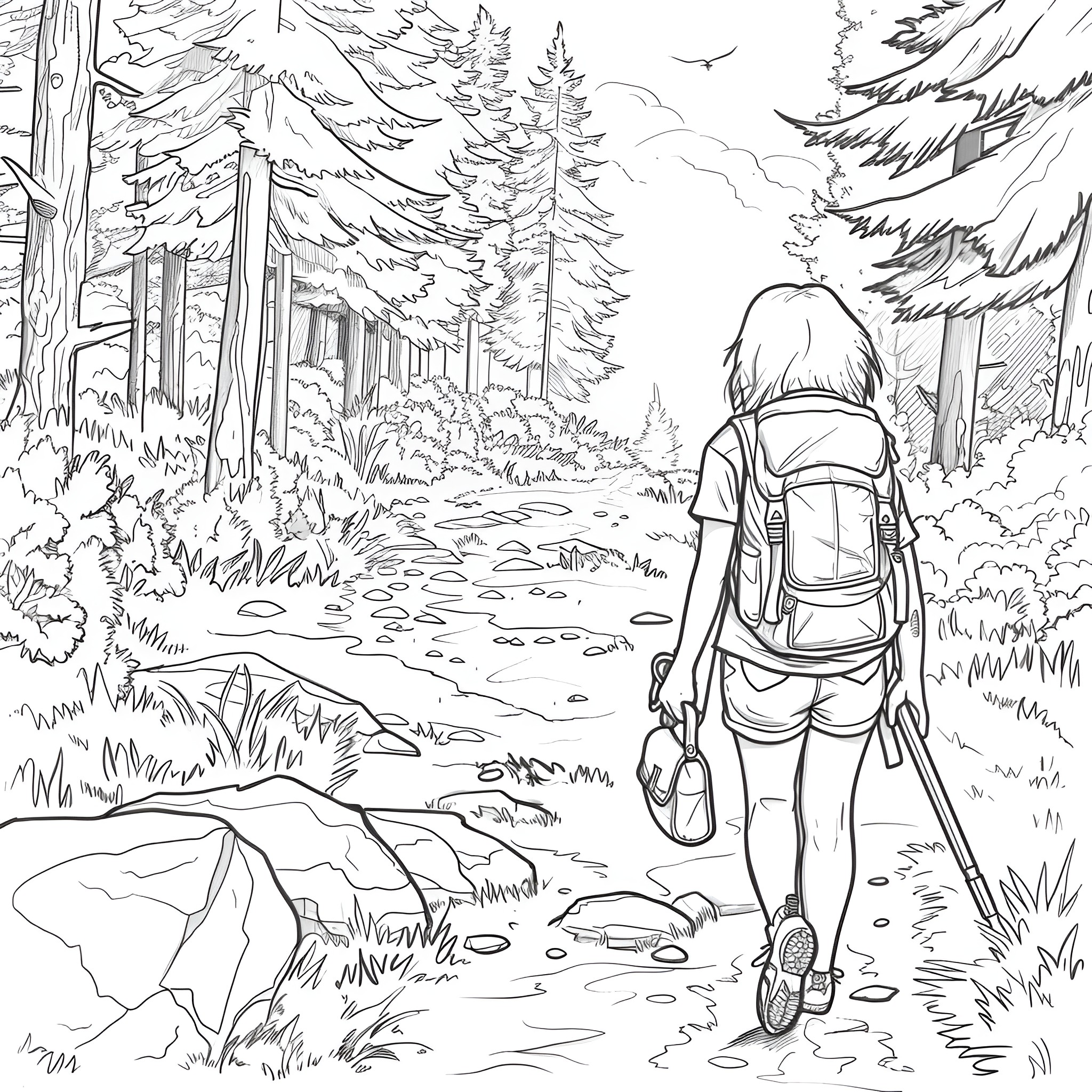 Springtime Hiker Explores Tranquil Forest Landscape Coloring Page (free black-and-white line drawing printable PDF for all, from beginners to advanced learners, including children, teens, adults, and seniors)