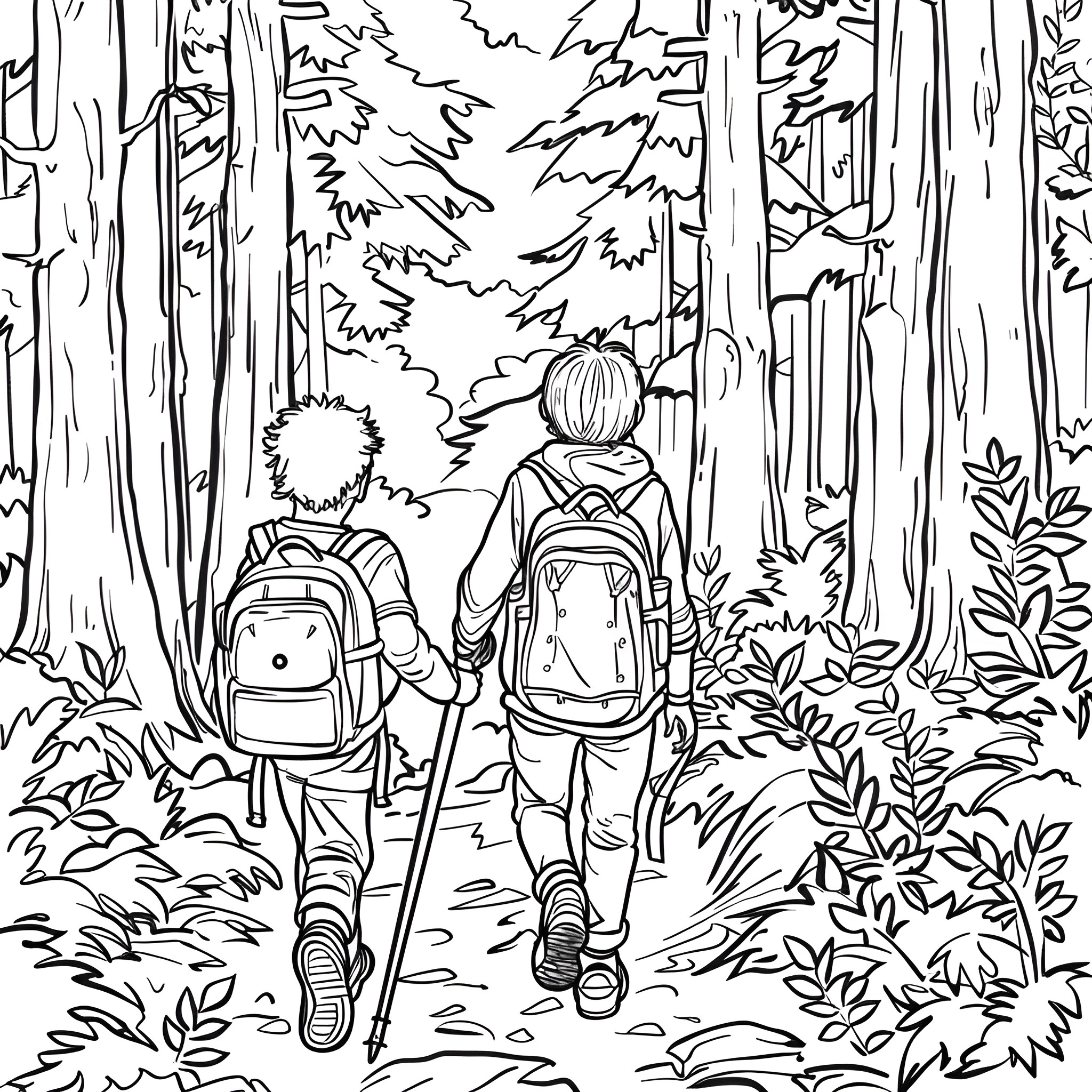 Springtime Hikers Exploring the Forest Coloring Page (free black-and-white line drawing printable PDF for all, from beginners to advanced learners, including children, teens, adults, and seniors)