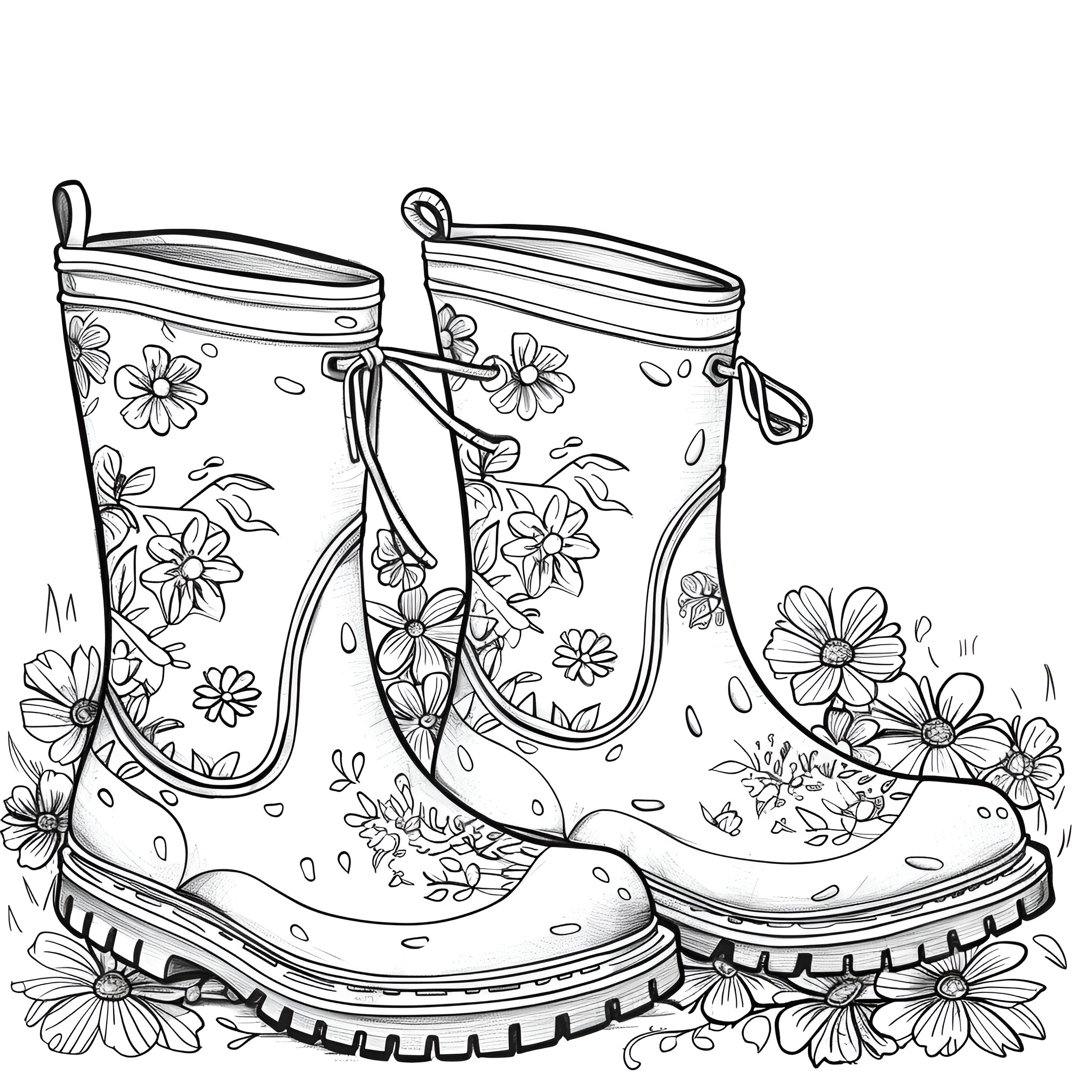 Springtime floral rain boots Coloring Page (free black-and-white line drawing printable PDF for all, from beginners to advanced learners, including children, teens, adults, and seniors)