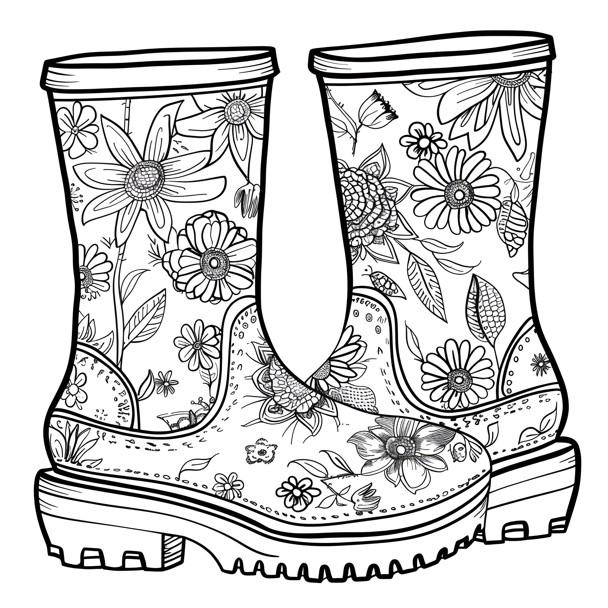 Springtime floral rain boots Coloring Page (free black-and-white line drawing printable PDF for all, from beginners to advanced learners, including children, teens, adults, and seniors)