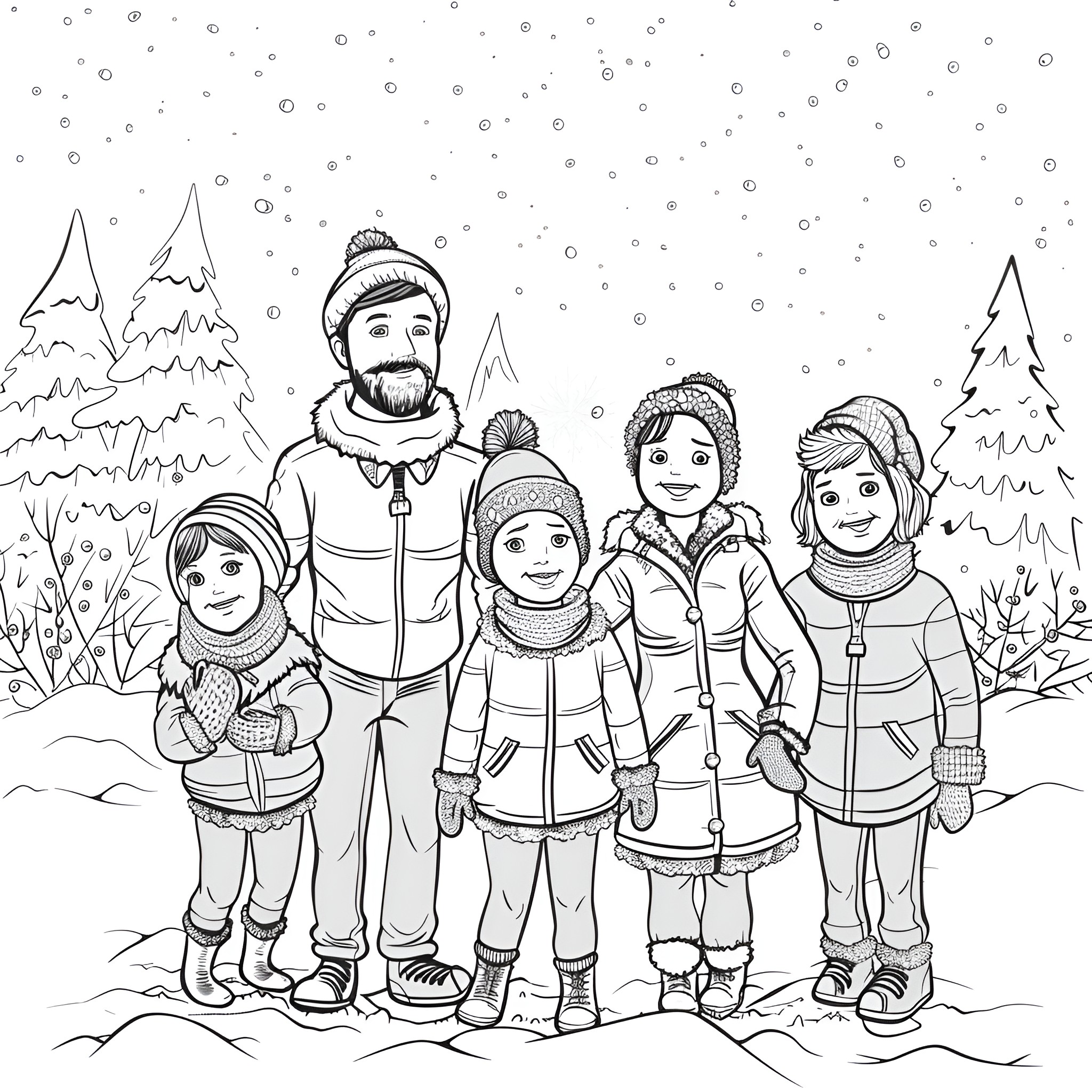 Winter Family Fun in the Snow Coloring Page (free black-and-white line drawing printable PDF for all, from beginners to advanced learners, including children, teens, adults, and seniors)