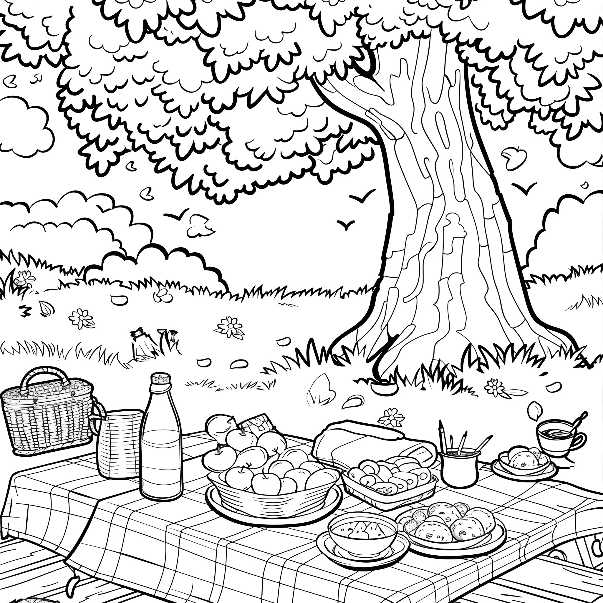 Springtime picnic under a blossoming tree Coloring Page (free black-and-white line drawing printable PDF for all, from beginners to advanced learners, including children, teens, adults, and seniors)