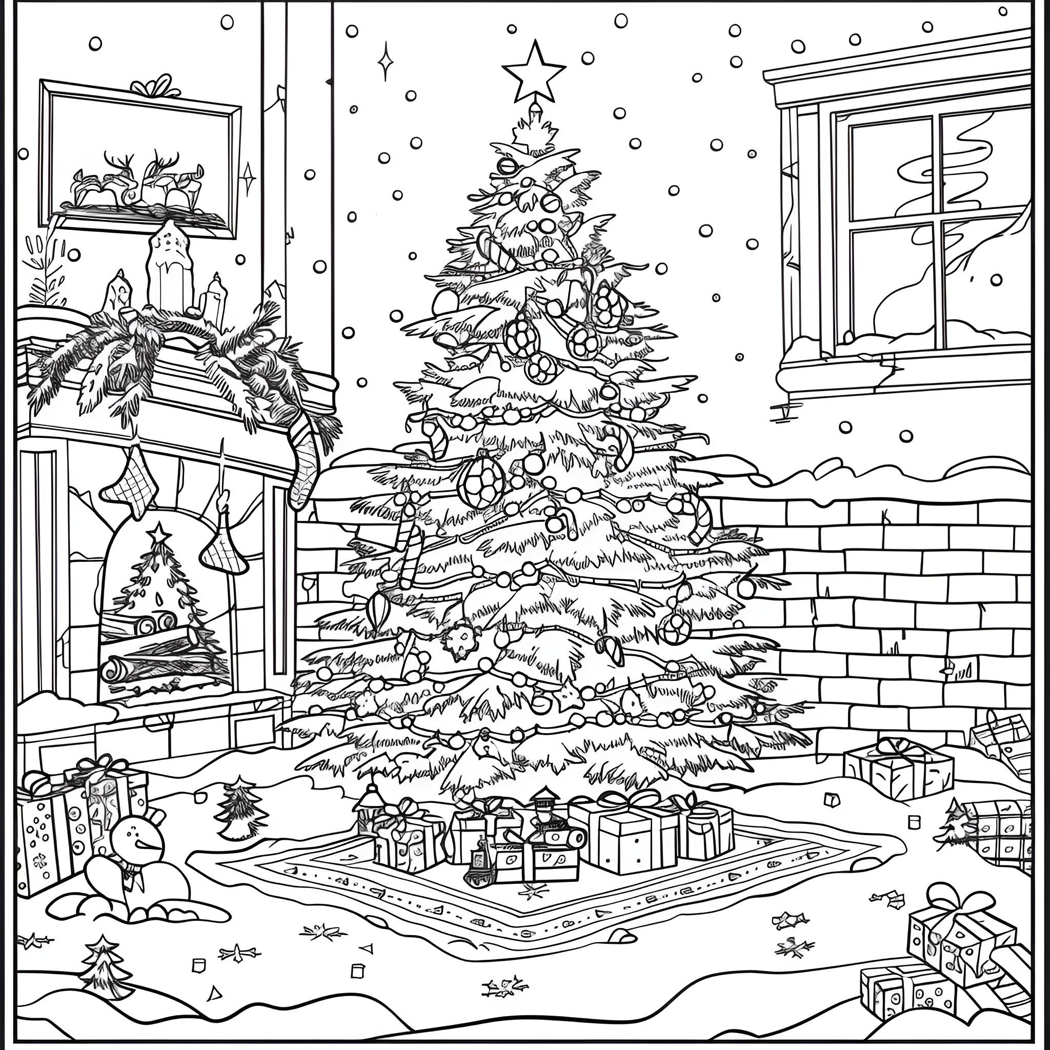 Winter Wonderland Scene with Decorated Christmas Tree Coloring Page (free black-and-white line drawing printable PDF for all, from beginners to advanced learners, including children, teens, adults, and seniors)