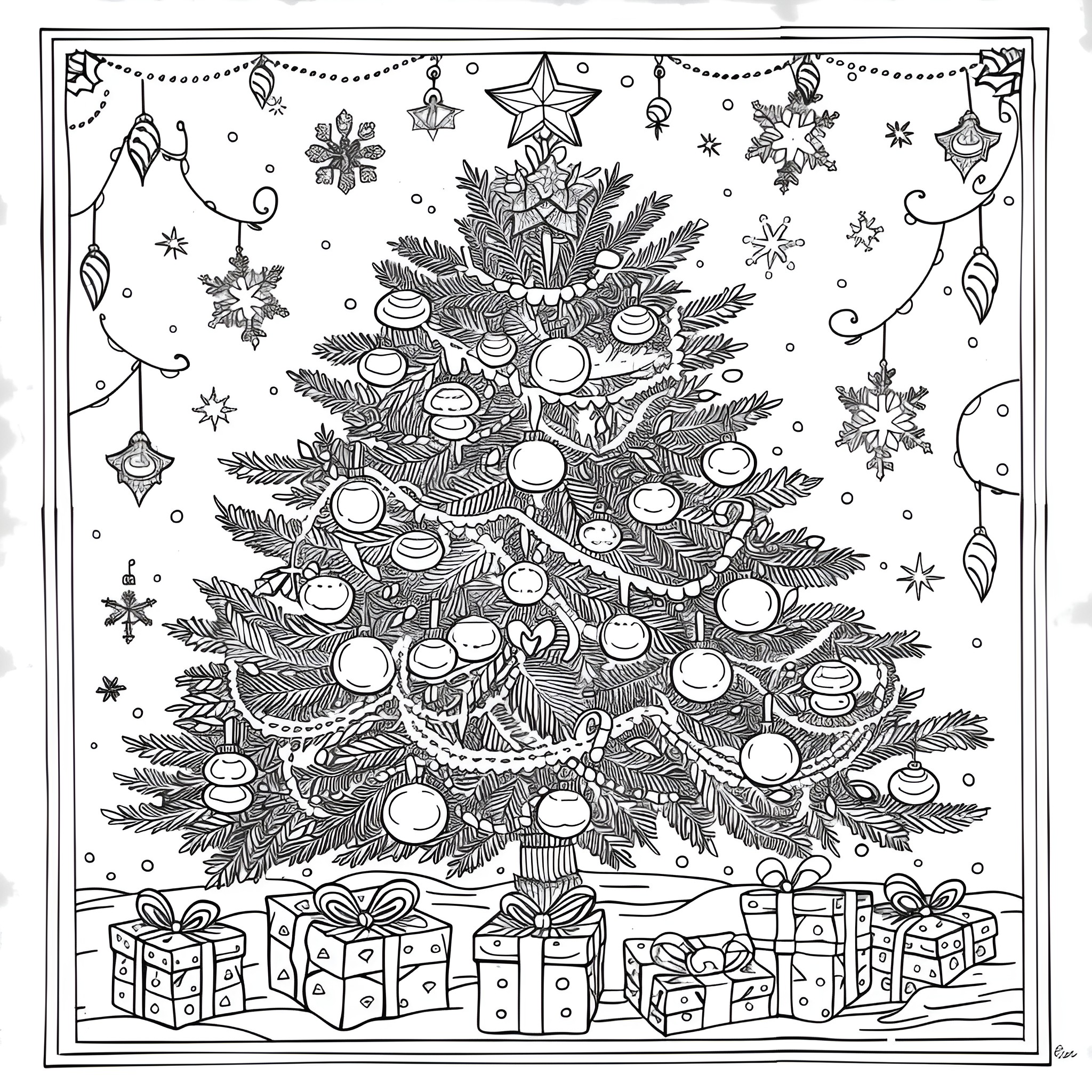 Winter Decorated Christmas Tree with Presents Coloring Page (free black-and-white line drawing printable PDF for all, from beginners to advanced learners, including children, teens, adults, and seniors)