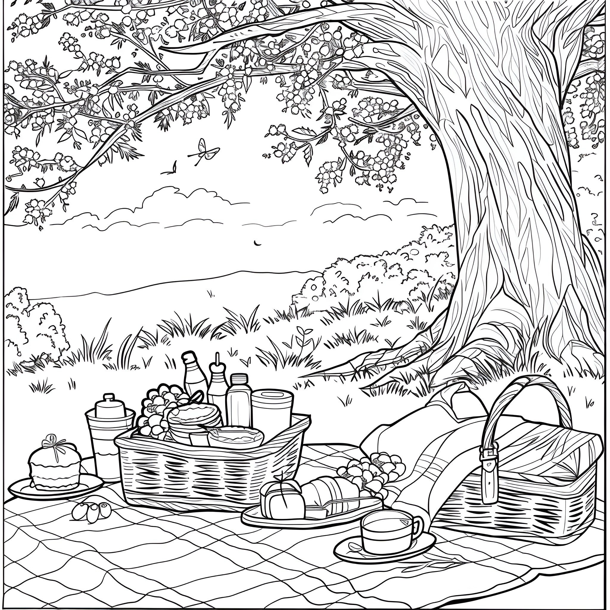Springtime picnic in a lush garden Coloring Page (free black-and-white line drawing printable PDF for all, from beginners to advanced learners, including children, teens, adults, and seniors)