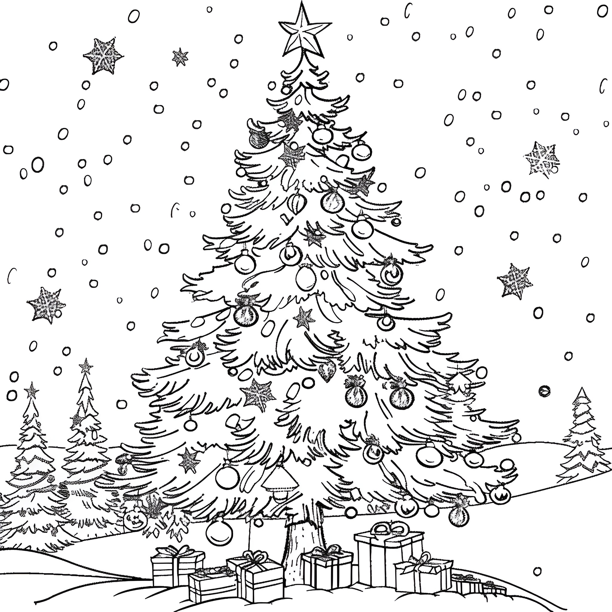 Winter Wonderland with Decorated Christmas Tree Coloring Page (free black-and-white line drawing printable PDF for all, from beginners to advanced learners, including children, teens, adults, and seniors)
