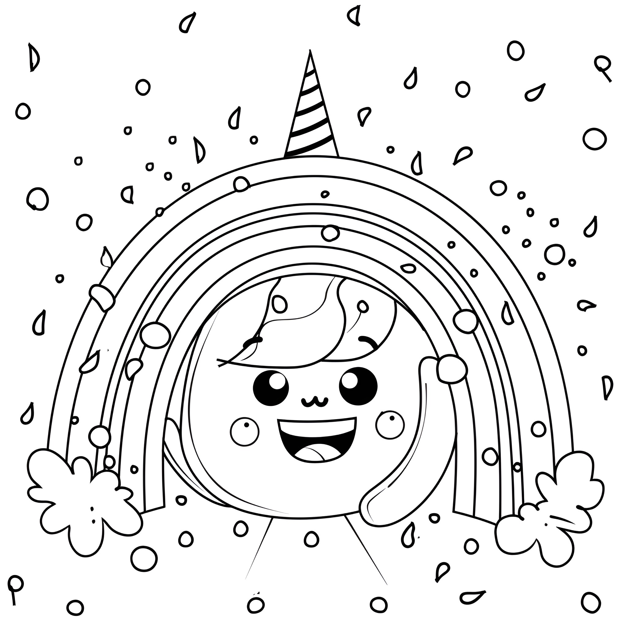 Rainbow Unicorn in Whimsical Scene Coloring Page (free black-and-white line drawing printable PDF for all, from beginners to advanced learners, including children, teens, adults, and seniors)