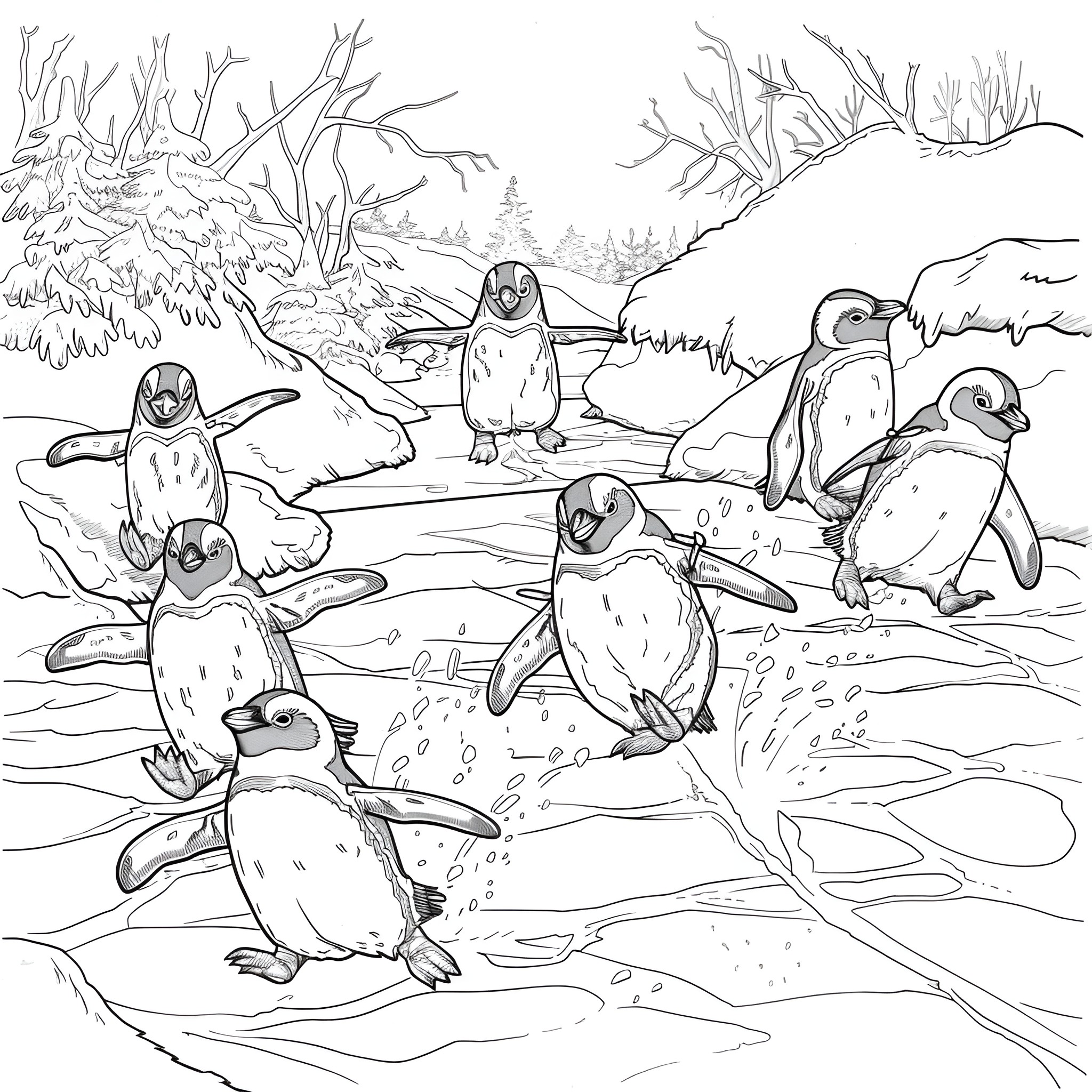 Winter penguins playing in the snow Coloring Page (free black-and-white line drawing printable PDF for all, from beginners to advanced learners, including children, teens, adults, and seniors)