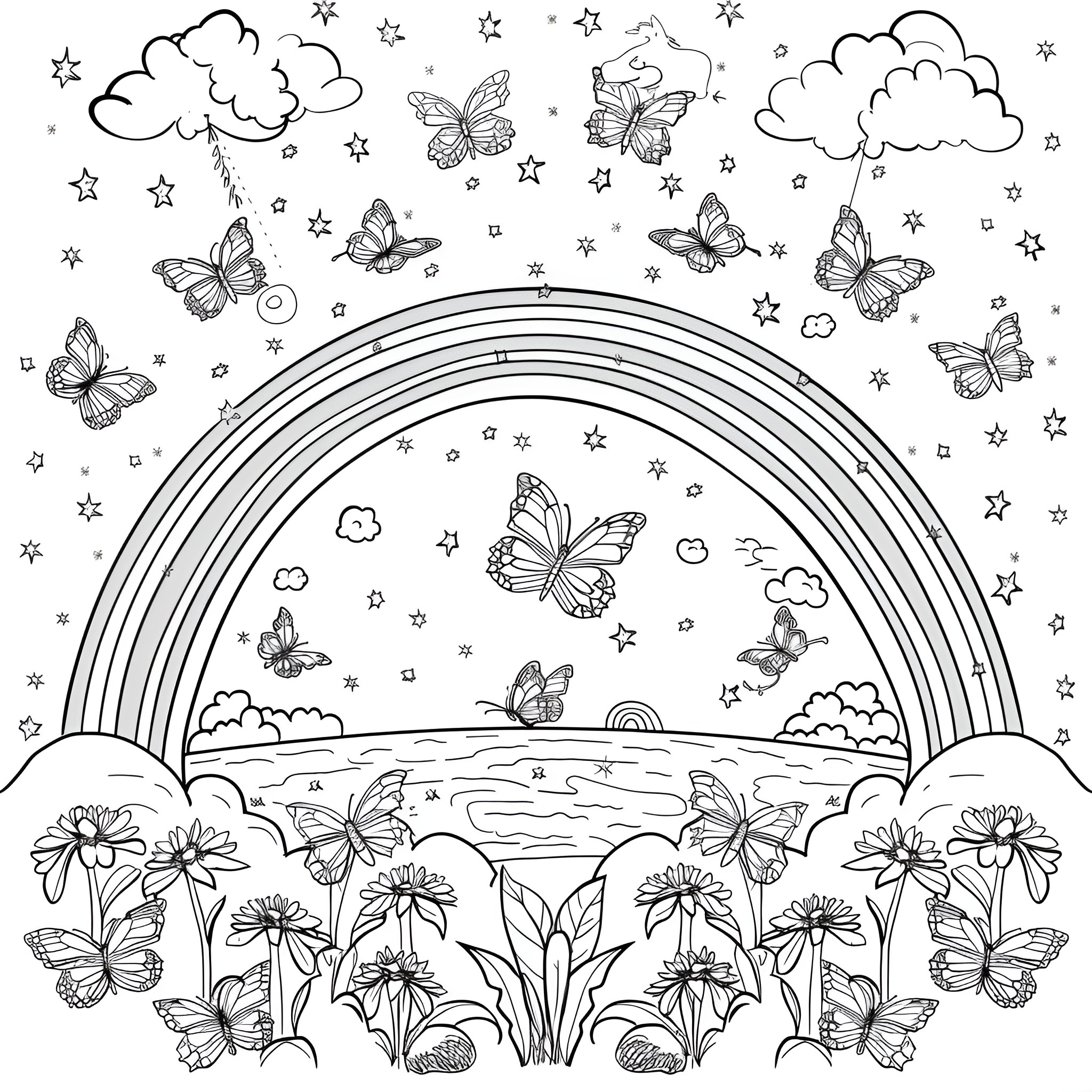Rainbow landscape with playful butterflies and flowers Coloring Page (free black-and-white line drawing printable PDF for all, from beginners to advanced learners, including children, teens, adults, and seniors)