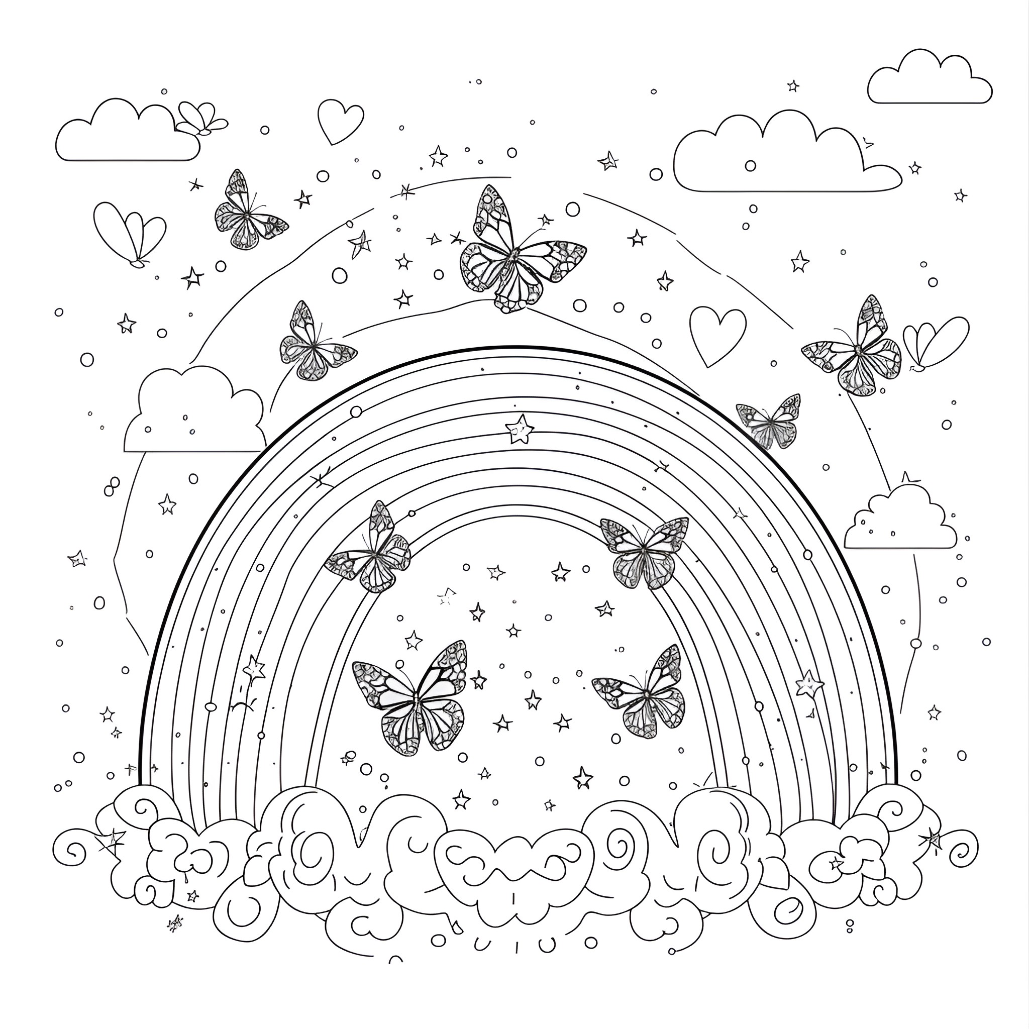 Rainbow Butterflies and Clouds Coloring Page (free black-and-white line drawing printable PDF for all, from beginners to advanced learners, including children, teens, adults, and seniors)