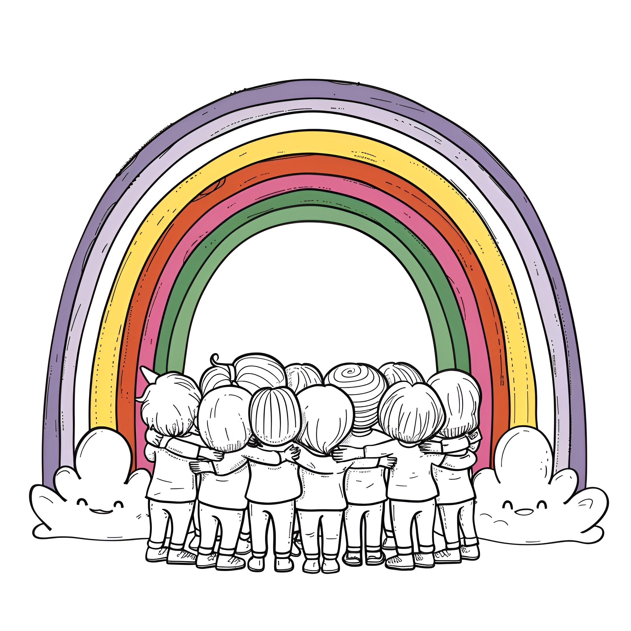 Rainbow community gathered in harmony Coloring Page (free black-and-white line drawing printable PDF for all, from beginners to advanced learners, including children, teens, adults, and seniors)