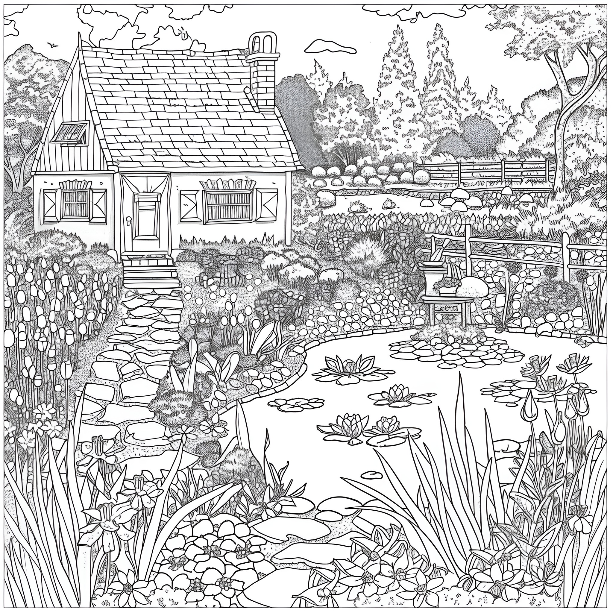 Springtime cottage garden with flourishing plants Coloring Page (free black-and-white line drawing printable PDF for all, from beginners to advanced learners, including children, teens, adults, and seniors)