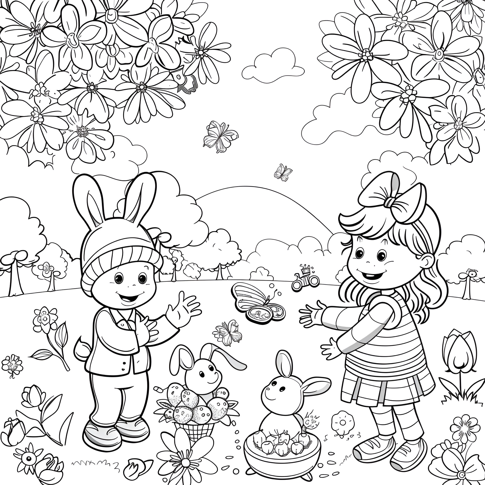Springtime children's illustration with flowers and animals Coloring Page (free black-and-white line drawing printable PDF for all, from beginners to advanced learners, including children, teens, adults, and seniors)